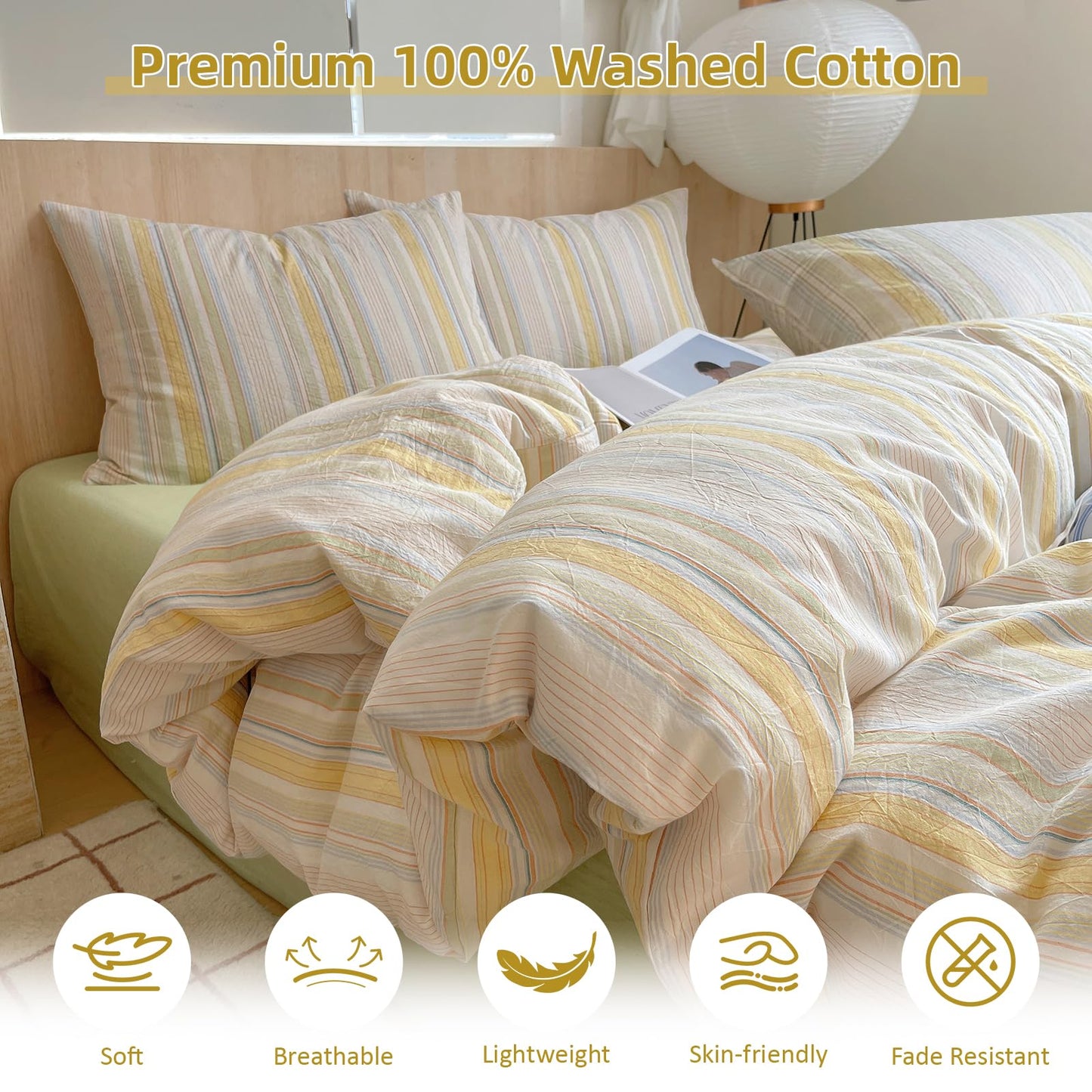 EAVD Retro Striped Duvet Cover Queen Soft Washed Cotton Colorful Wide Pinstriped Bedding Set with 2 Pillowcases Modern Farmhouse Geometric Pattern Duvet Cover with Zipper Closure