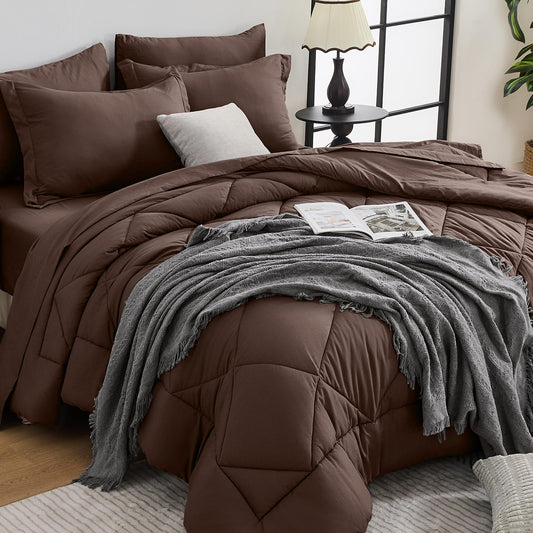 HEVUMYI Brown Queen Comforter Set - 7-Piece All Season Bed in a Bag Queen, Ultra Soft Bedding Set with Comforter, Flat Sheet, Fitted Sheet, Pillowcases, Pillow Shams