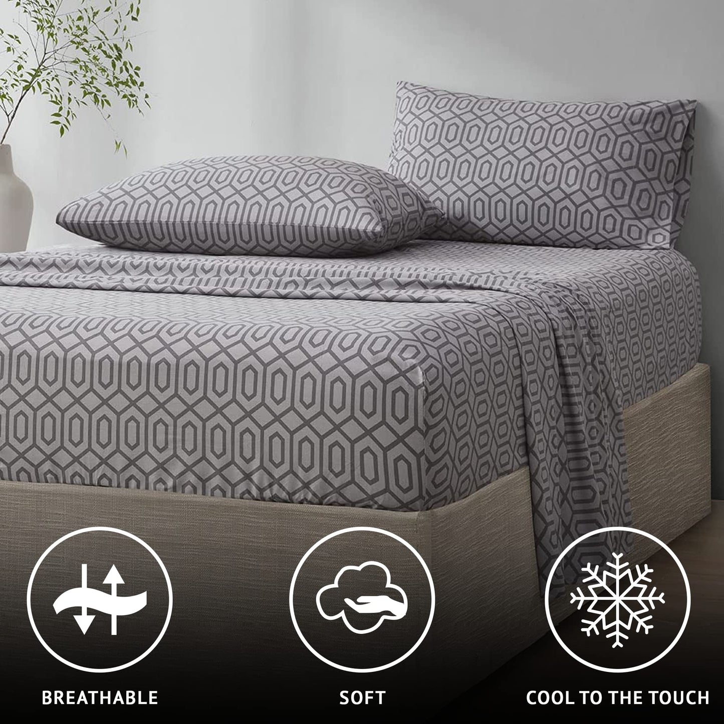Comfort Spaces 100% Cotton Sheet Set Breathable, Lightweight, Soft with 14" Elastic Pocket Fits up to 16" Mattress, All Season Cozy Bedding, Matching Pillow Case, Cal King Diamond Sliver 4 Piece