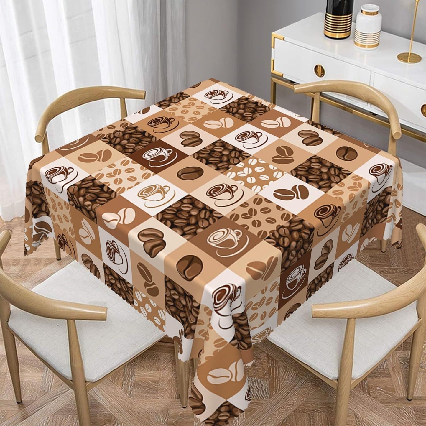 TTQYFNM 70x70inches Coffee Beans Print Tablecloth Coffee Cup Hand Drawn Sketch Retro Plaid Tablecloths Waterproof Spill Proof Square Table Cloth Cover for Dining Room Kitchen Coffee Shop Decor
