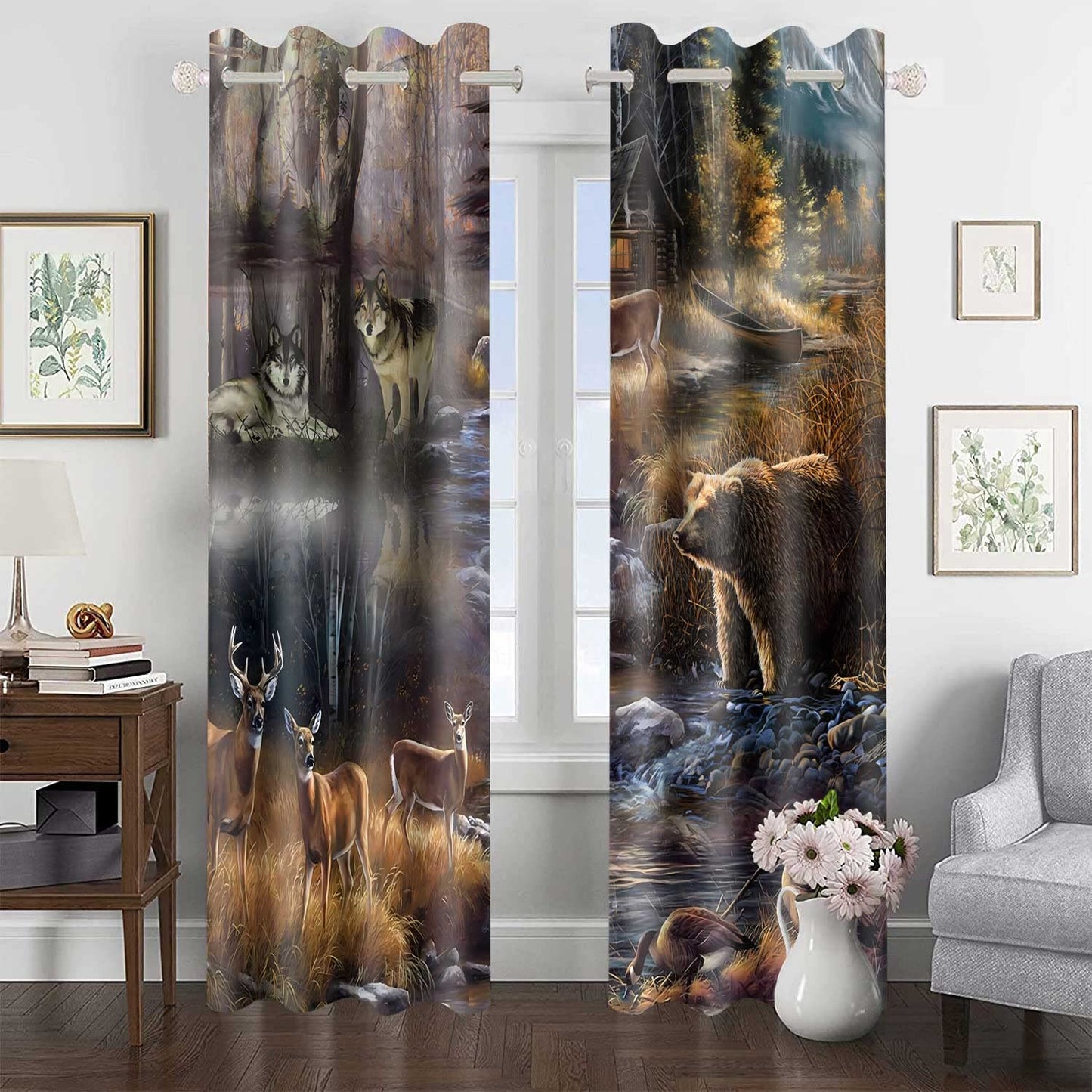 MIZSYE Rustic Lodge Curtains Wildlife Wolf Bear Elk Duck Country Style Blackout Curtain Forest River Nature Landscape Zoo Window Treatments for Bedroom Living Room 2 Panel 42x84inch CLDWMS0235