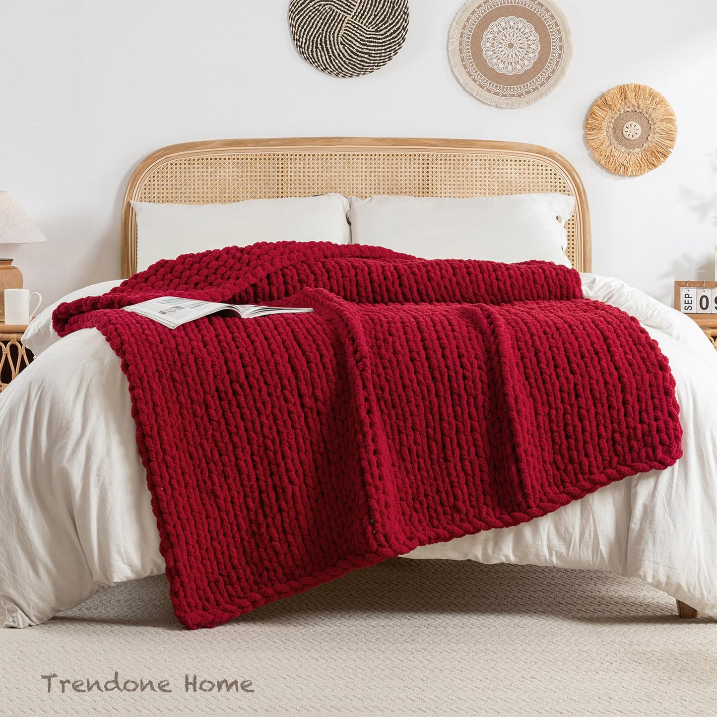 LAST MODA Chunky Knit Blanket Throw, 100% Hand Knit Throw Blanket Handmade Chenille Cable Knit Throw for Couch, Stylish Cozy Soft Rope Knot Crochet Blanket for Home Decor, Red, 50x60 Inches