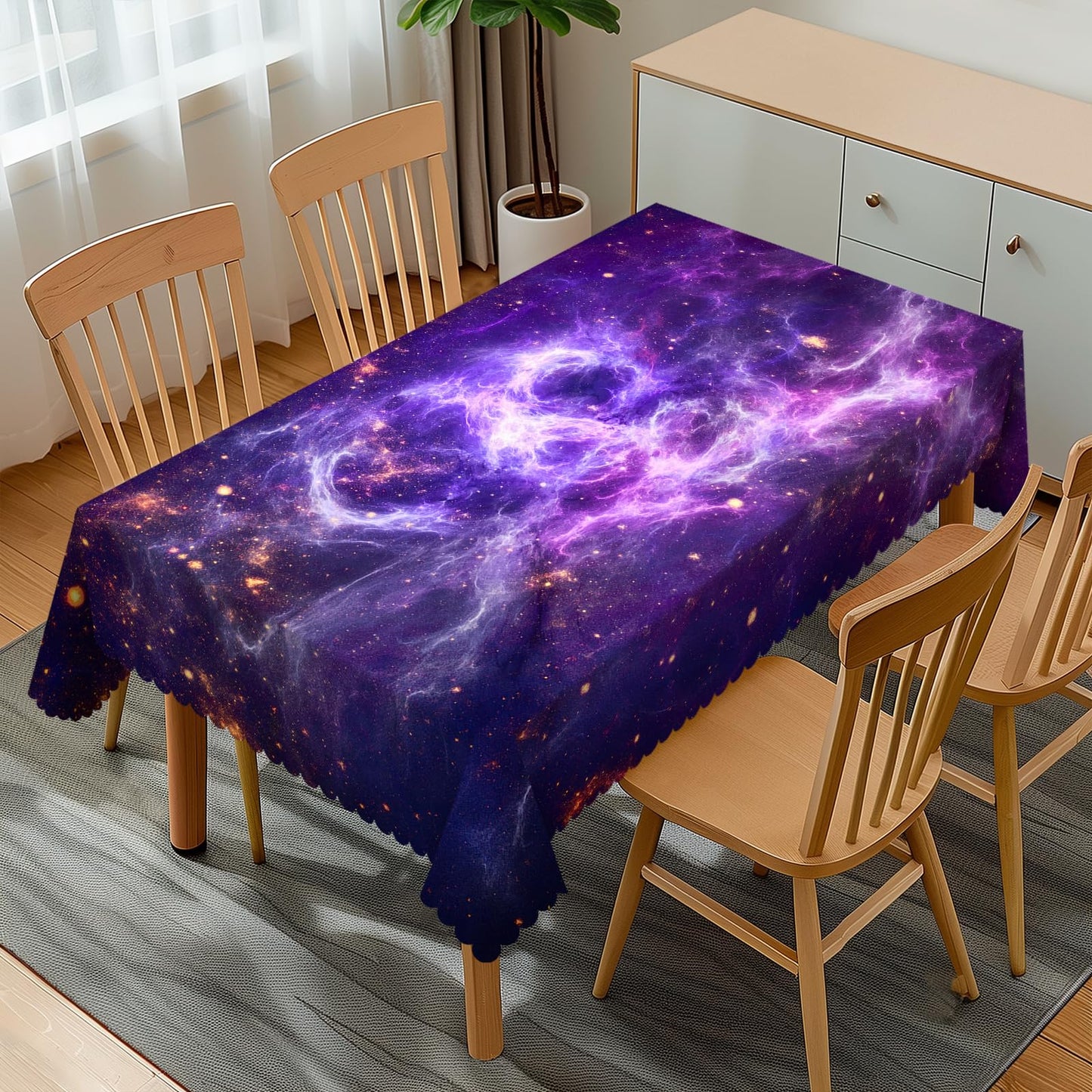 GOUROISE Galaxy Starry Night Sky Stars Rectangular Tablecloth, Galaxy Universe 54x72 Inch Wavy Lace Border Polyester Table Cloth for Dining, Kitchen, Parties