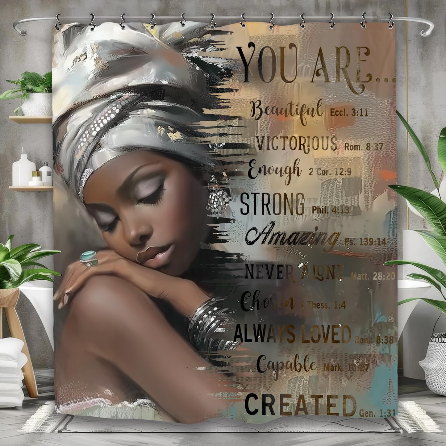 Yookeb African American Inspirational Bathroom Shower Curtain 60W by 71H Inch Black Girl Woman Lady Motivational Quotes Positive Bible Polyester Fabric 12 Plastic Hooks Waterproof Decor