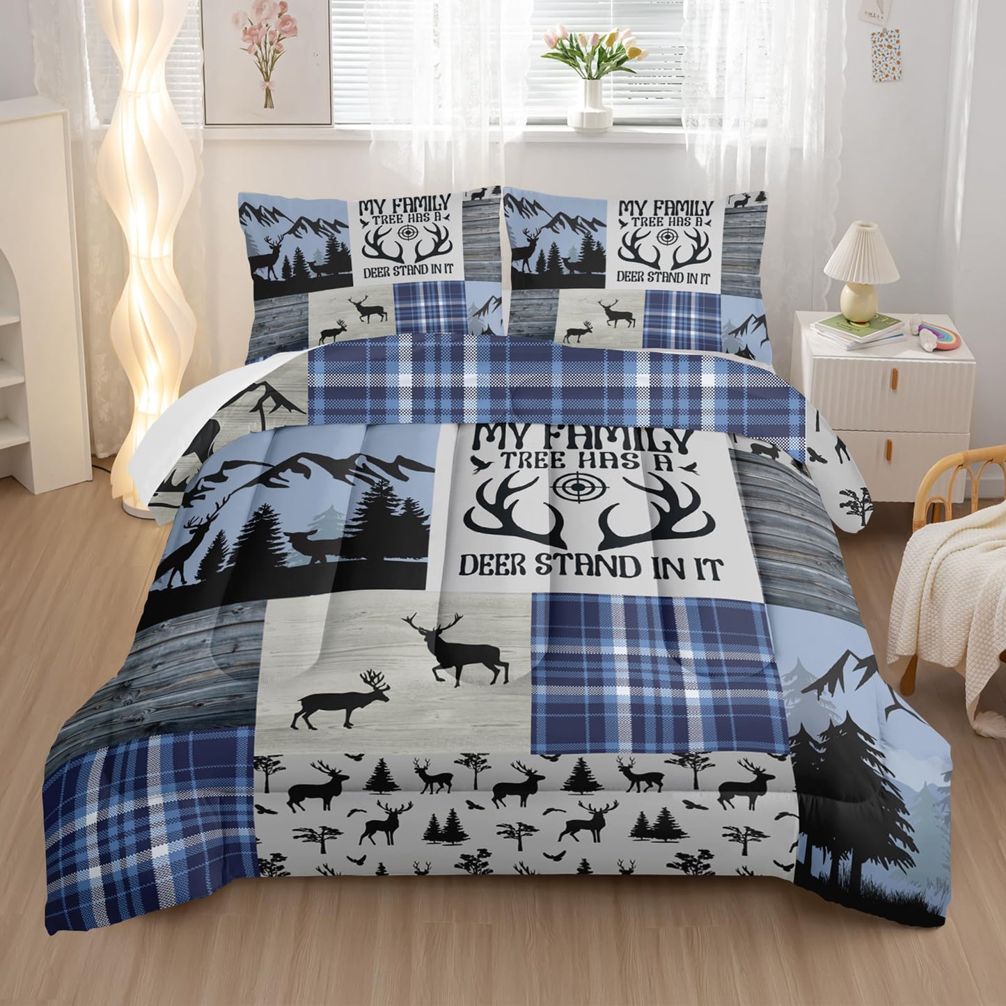 Nttopship Deer Moose Print Comforter Set Twin,Deer Hunting Theme Bedding Set for Boys Teens Girls,Hunting Theme Bedding Set Wildlife Hunting Theme Room Decor Comforter Set and 2 Pillowcases