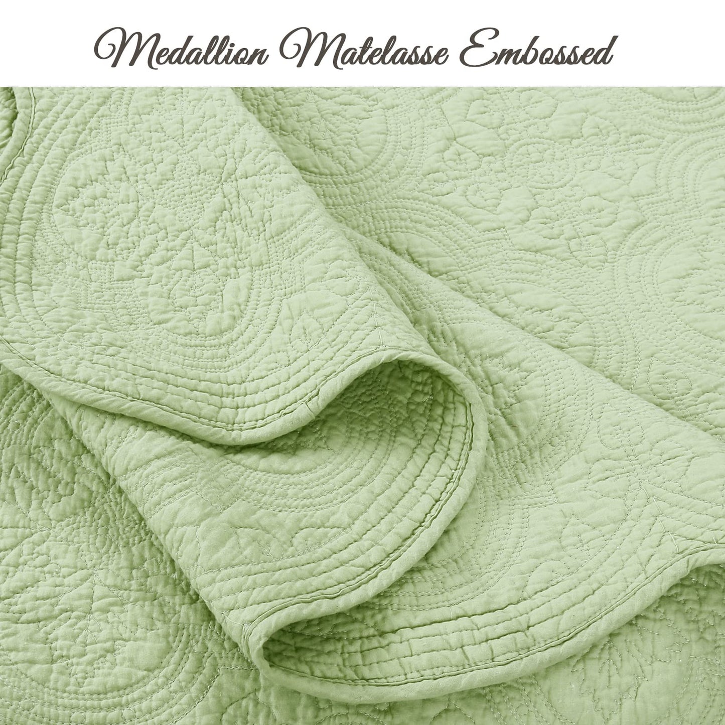 Cozy Line Home Fashions 100% Cotton Medallion Matelasse Embossed Bedding Quilt Set, Reversible Lightweight Bedspread, Coverlet for All Season (Blantyre - Green, Queen - 3 piece)