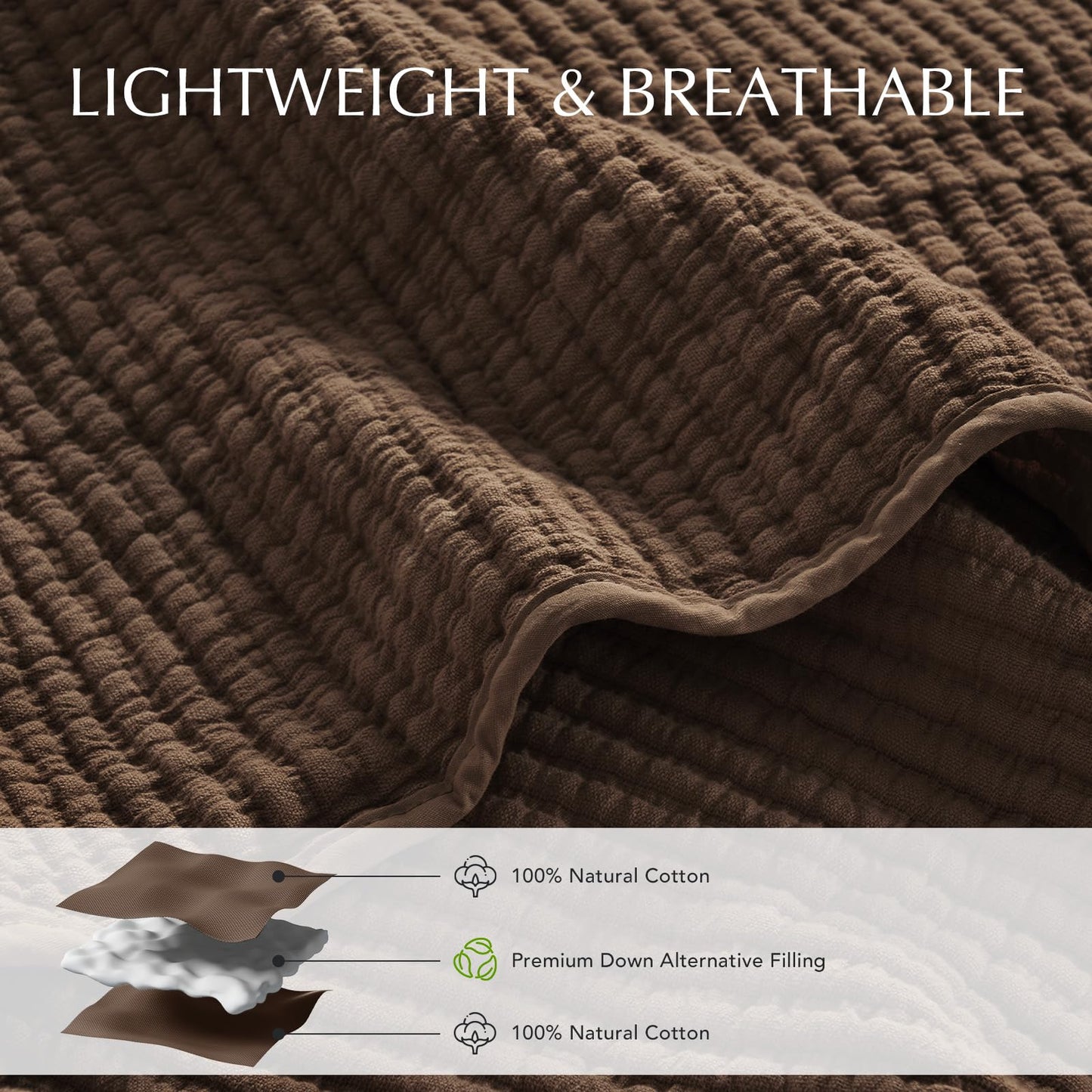 EVERGRACEHOME Cotton Coverlet Set King Size 3 Pieces, Lightweight Soft Ribbed Matelassé Bedspread Quilt Set, Cozy Oversized Quilted Bedding Set with 2 Pillow Shams for All Seasons, Sienna Brown