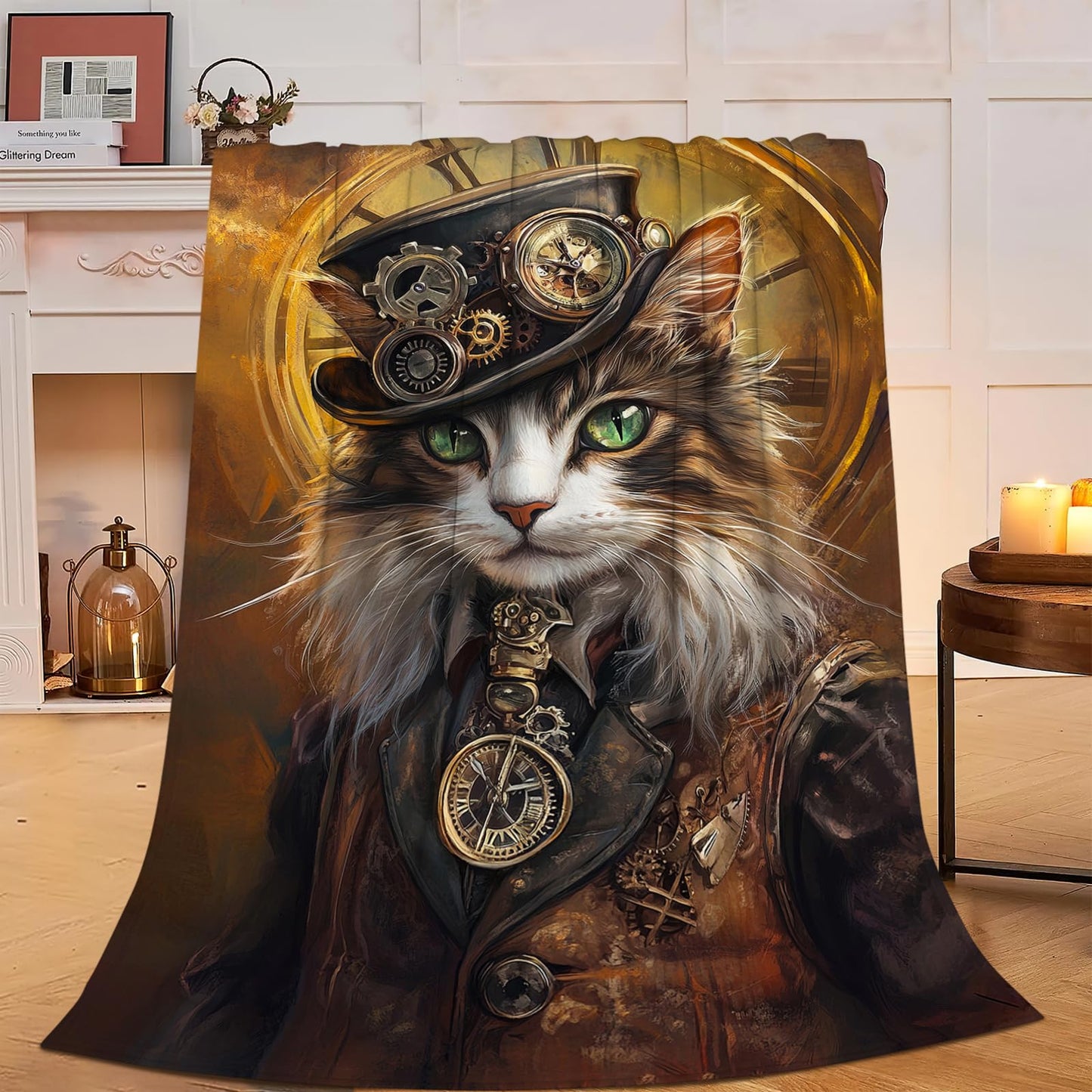 Cat Blanket, Steampunk Throw Blanket, Cats Gifts, Steampunk Blankets, Cats Stuff Fleece Flannel Plush for Women Men Boys Girls Lovers Adults Soft Bedding for Sofa Bed Office Home Decor 40"X50"