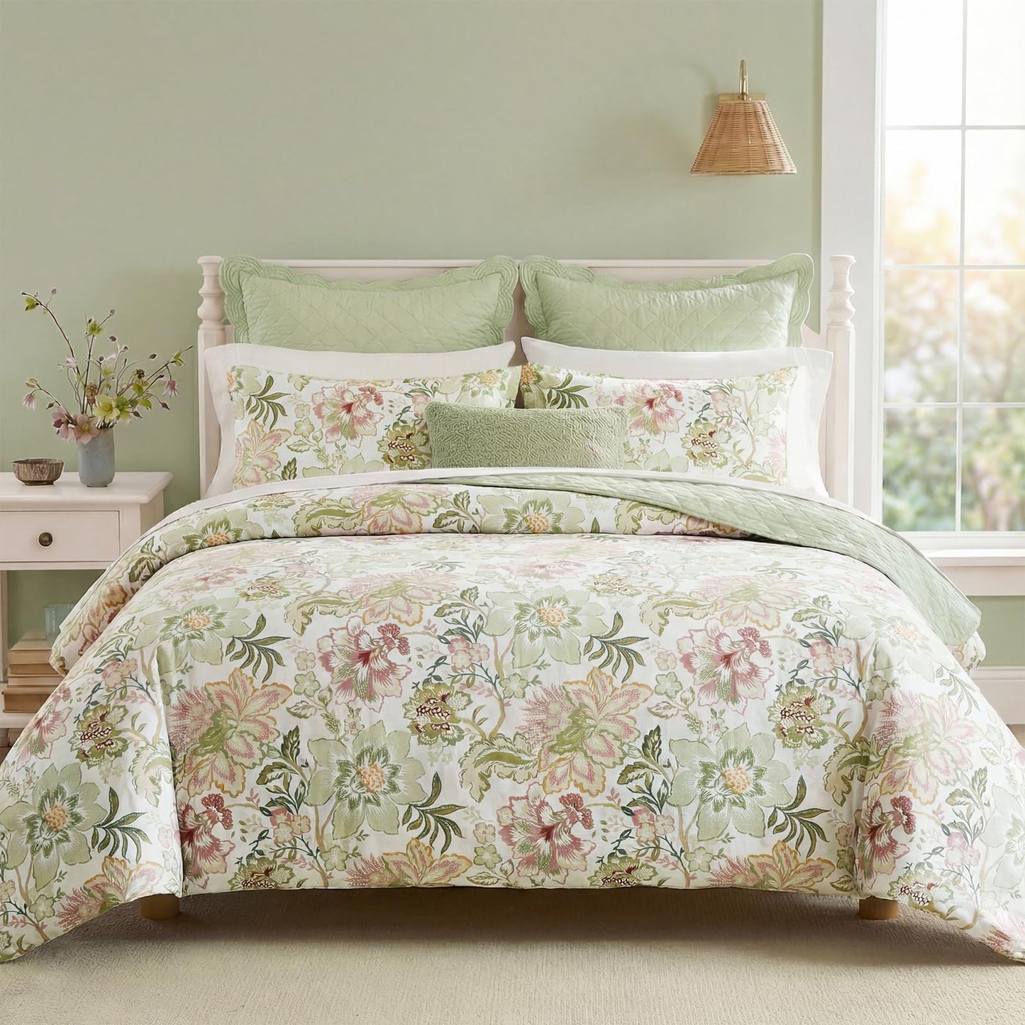 Bedorm 100% Cotton Duvet Cover Set Botanical Floral Bedding Queen Pink Flower Green Leaf French Country Bedroom Decor Soft & Durable Duvet Cover with Zipper Closure and Corner Ties