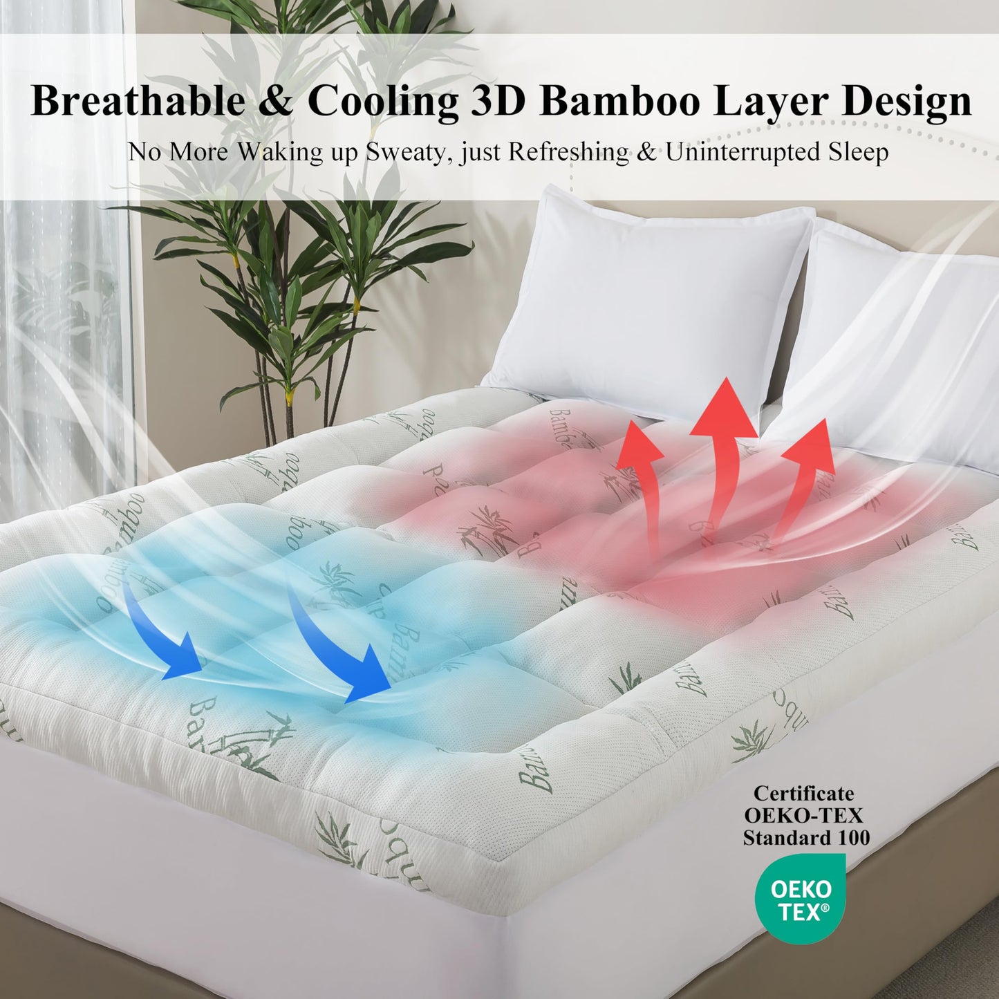 ELNIDO QUEEN® 3 Inch Memory Foam Mattress Topper Full Size - Cooling Breathable Bamboo Viscose Pillow Top for Hot Sleepers, 1700 GSM Fill, Ultra Soft Mattress Pad for Back Pain Relief, 3"x54"x75"