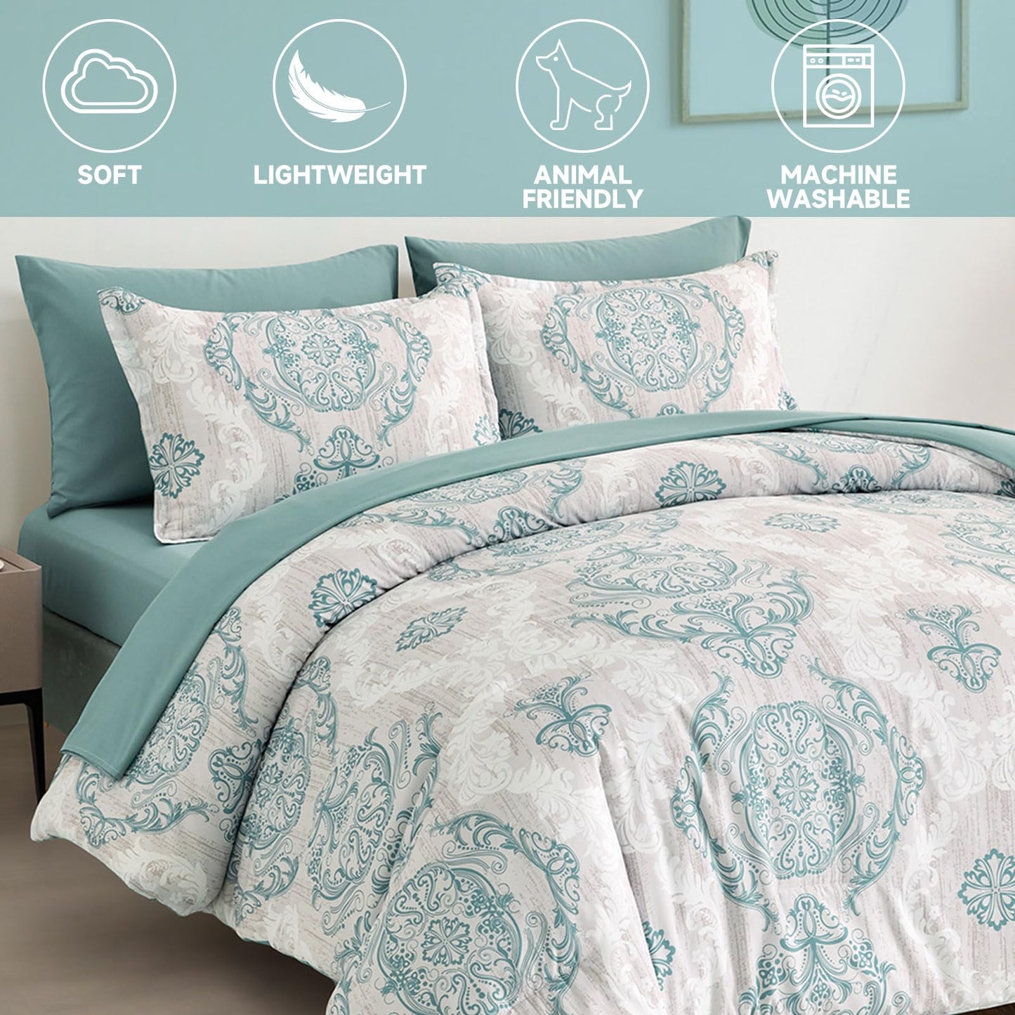WONGS BEDDING Aqua Comforter Set Queen Size, Damask Texture 7 Pieces Bed in a Bag Microfiber Bohemian Comforter Bedding Sheet Set with Comforter, Flat Sheet, Fitted Sheet,Pillow Shams,Pillowcases
