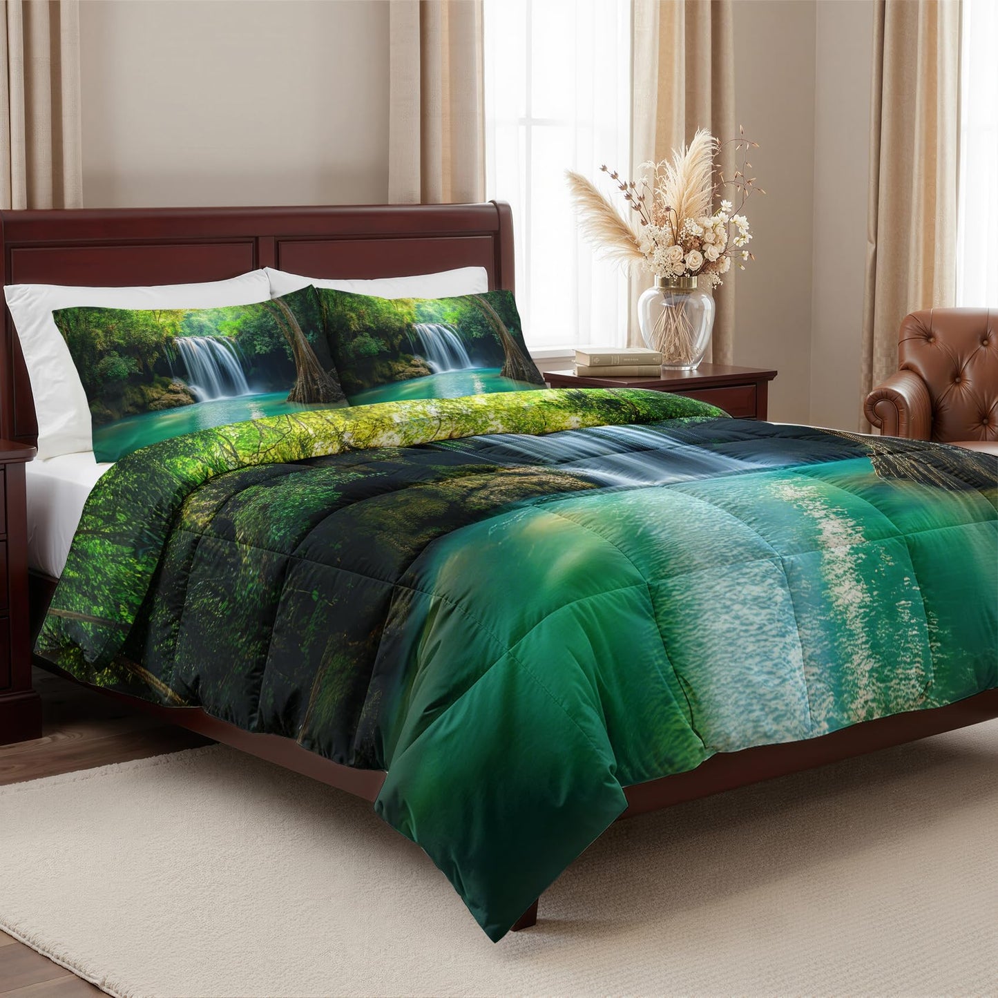 Landscape Comforter Queen Size - 3 Pcs Bed Set, All Season Duvet Insert & 2 Pillowcases, Waterfall Bedding Set, Soft Lightweight Down Alternative Comforter, Fantasy Natural Bedroom Decor