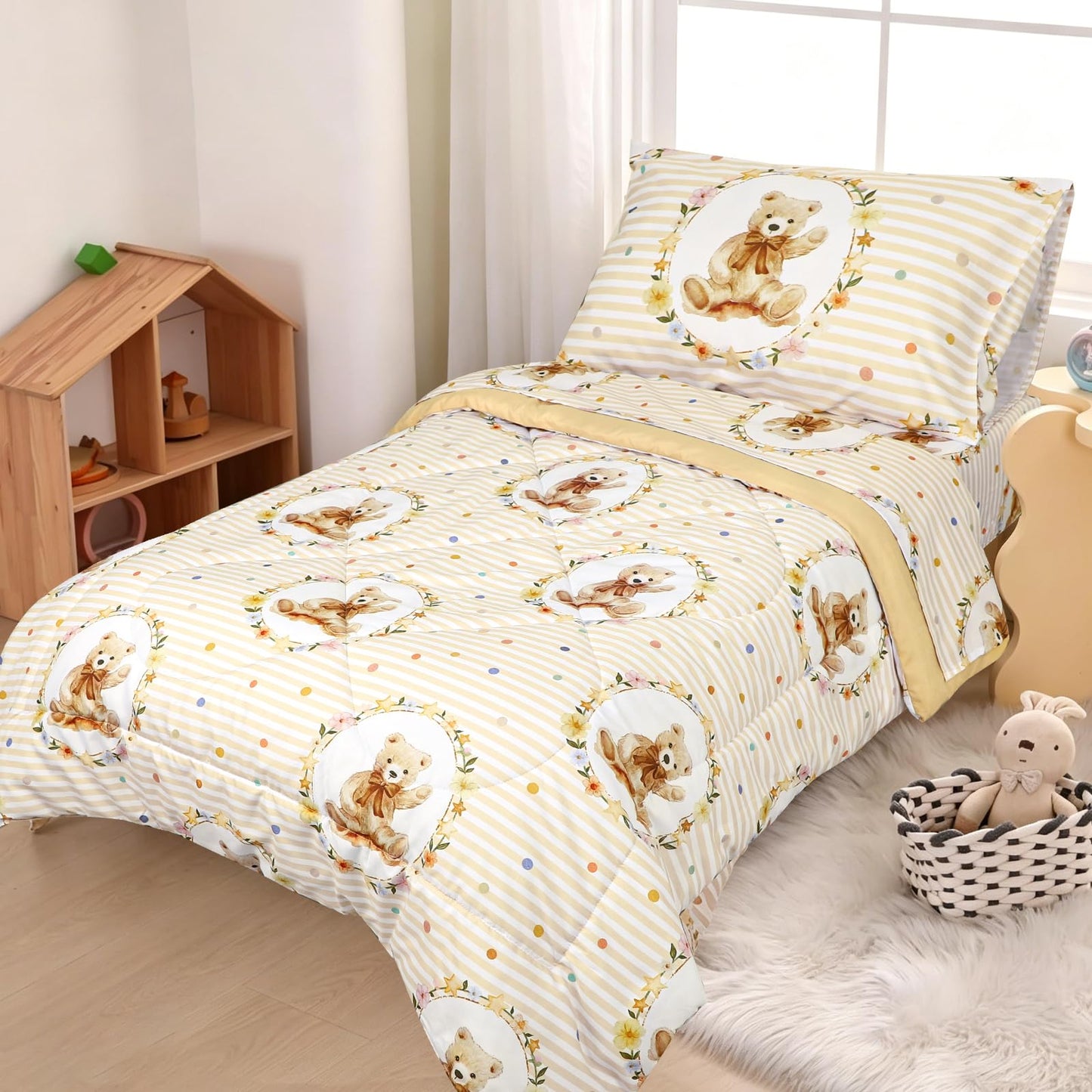 Hooyax Toddler Bedding Set 4-Piece with Polka Dot Bear Pattern – Cute Toddler Comforter Set for Girl – Includes Ultra-Soft Comforter, Fitted Sheet, Flat Sheet & Pillowcase for All Season