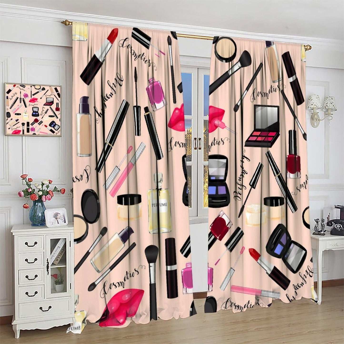 Nanacur Fashion Makeup Curtains, Women Girls Cosmetic Lipstick Red Lip Sweet Romantic Window Treatments Drapes, for Living Room Bedroom 42" W X 45" L (Decorative)
