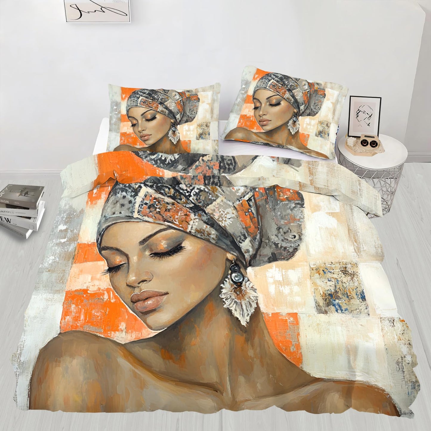 PAISUOQ African Woman Bedding, Black Girl Comforters Queen Size, Orange Grunge Style Duvet Cover with 2 Pillowcases, 3 Pieces with Zipper & Ties, Home Decor & Gifts