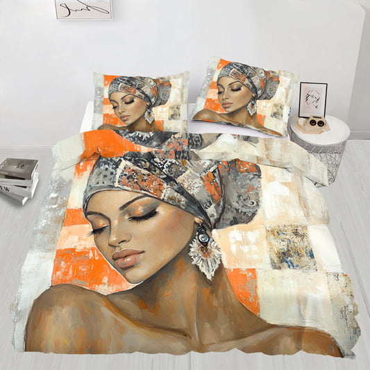 PAISUOQ African Woman Bedding, Black Girl Comforters Queen Size, Orange Grunge Style Duvet Cover with 2 Pillowcases, 3 Pieces with Zipper & Ties, Home Decor & Gifts