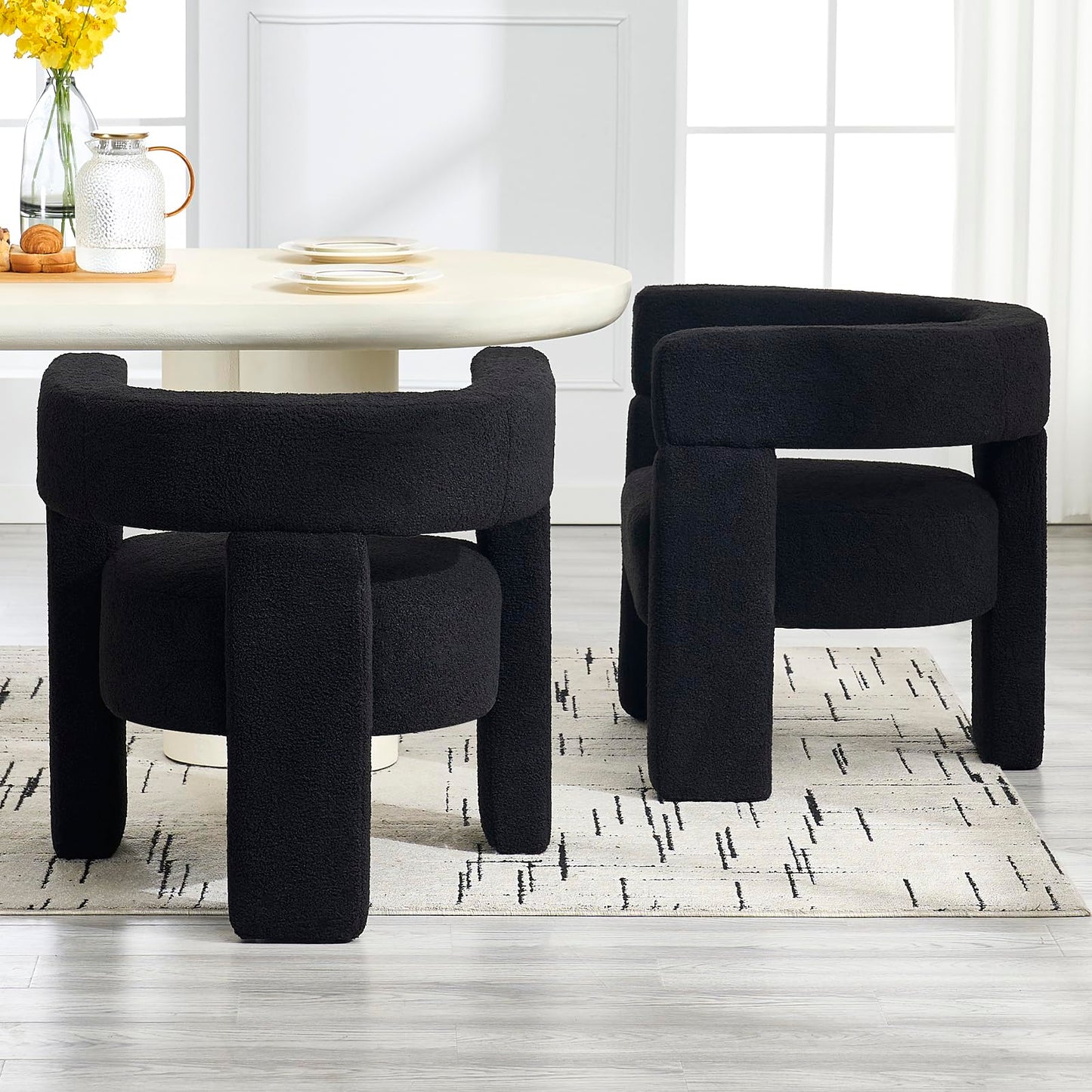 KHISCHMO Sherpa Boucle Accent Chair, Mid Century Modern Dining Room Chair, Comfy Upholstered Side Armchair Cute Barrel Side Chairs with 3 Legs for Bedroom/Kitchen/Living/Balcony/Reception,Black
