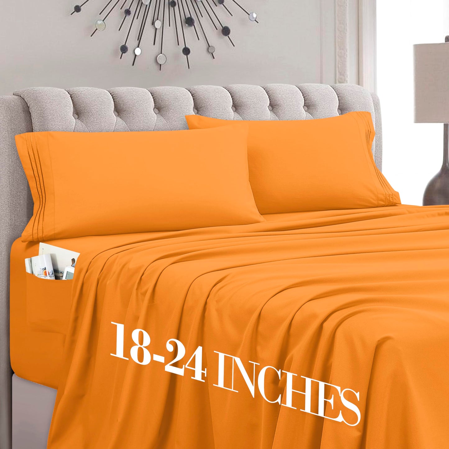 Mocassi Full Size 4-Piece Bed Sheet Set - 1800 Premium Hotel Quality Microfiber 18-24 Inches Extra Deep Pocket Fitted Sheet- Luxury Soft, Breathable, Wrinkle, and Fade Resistant, Orange