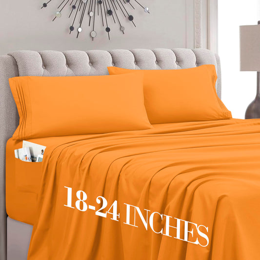Mocassi Full Size 4-Piece Bed Sheet Set - 1800 Premium Hotel Quality Microfiber 18-24 Inches Extra Deep Pocket Fitted Sheet- Luxury Soft, Breathable, Wrinkle, and Fade Resistant, Orange