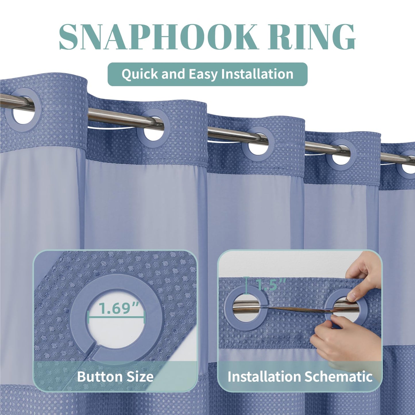 eachope MoonLightBlue No Hook Waffle Weave Shower Curtain with snap-in Liner Replacement, 230GSM Waterproof Fabric Hotel Shower Curtain Set for Bathroom, Through Mesh Top Window,71Wx74H