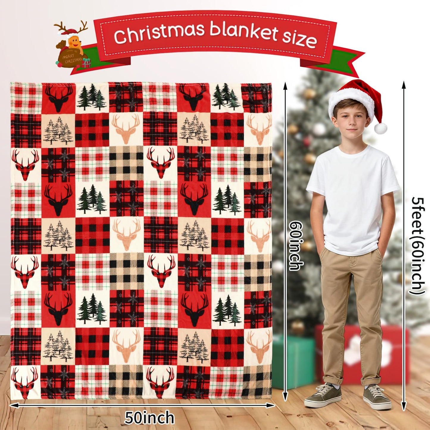 Jansun Christmas Blanket, Christmas Throw Blanket Red Black Plaid Deer Pattern Comfortable Flannel Warm Winter Cabin Throw for Bed Sofa Kids Adults Family Self