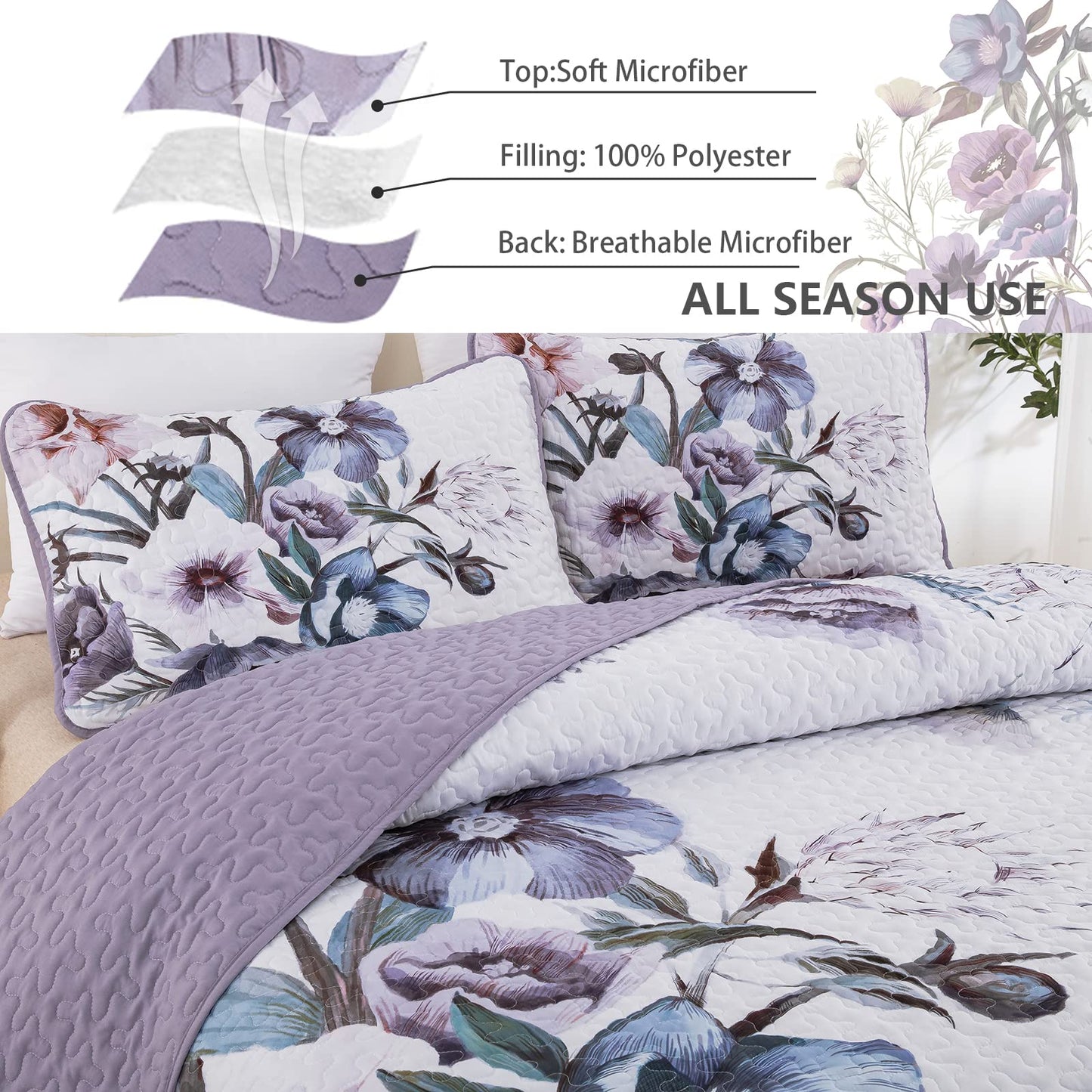3 Pieces Floral Quilt Set Full Purple Flower Pattern Quilt Coverlet Set Soft Microfiber Lightweight Boho Purple Floral Quilted Bedspread for All Season 80"x90"