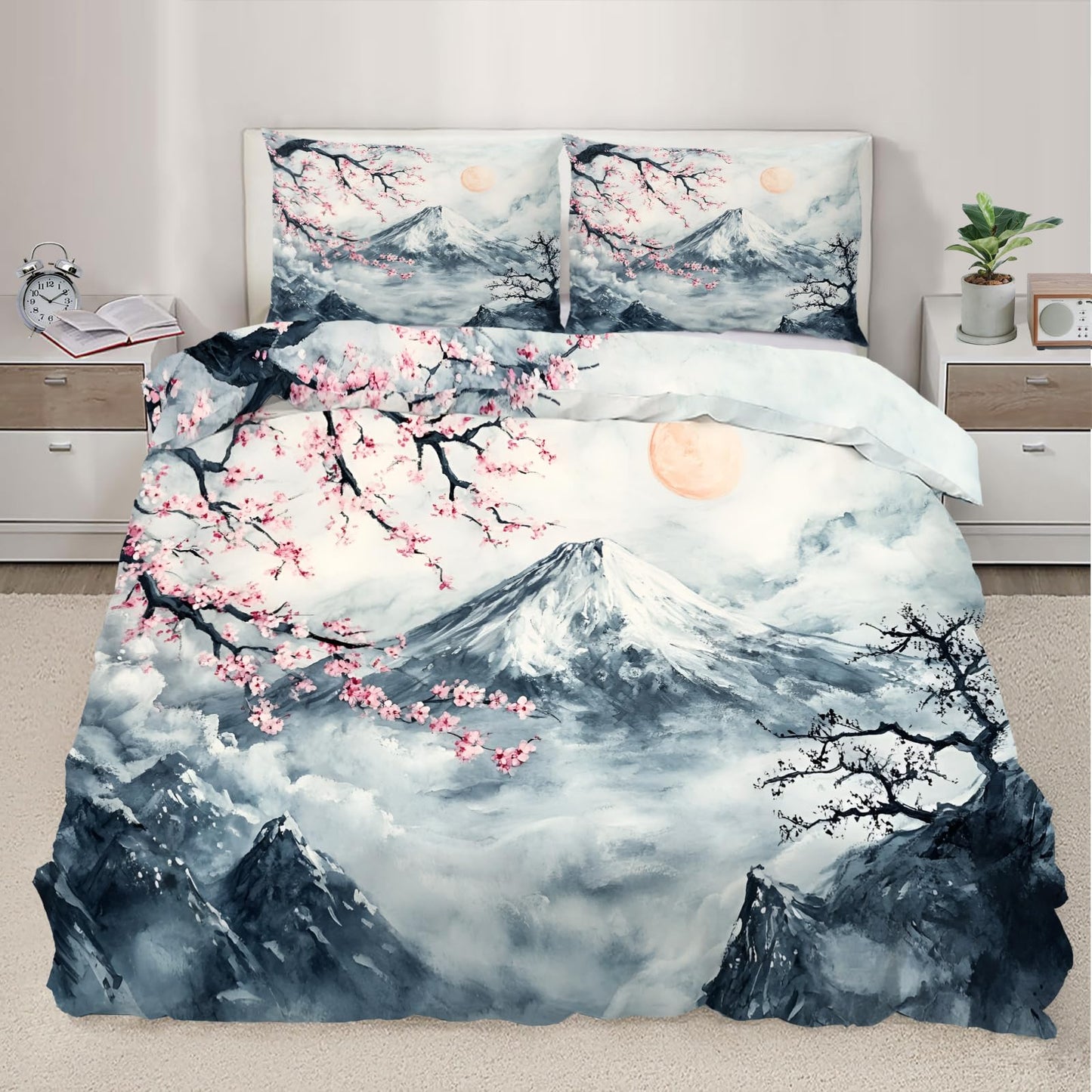 PAISUOQ Japanese Duvet Cover King Size, Traditional Painting Bedding Set, 3 Piece, Soft Microfiber Patterned Comforter Cover with Zipper Ties & 2 Pillowcase, Mountains Bedroom Decor & Gifts