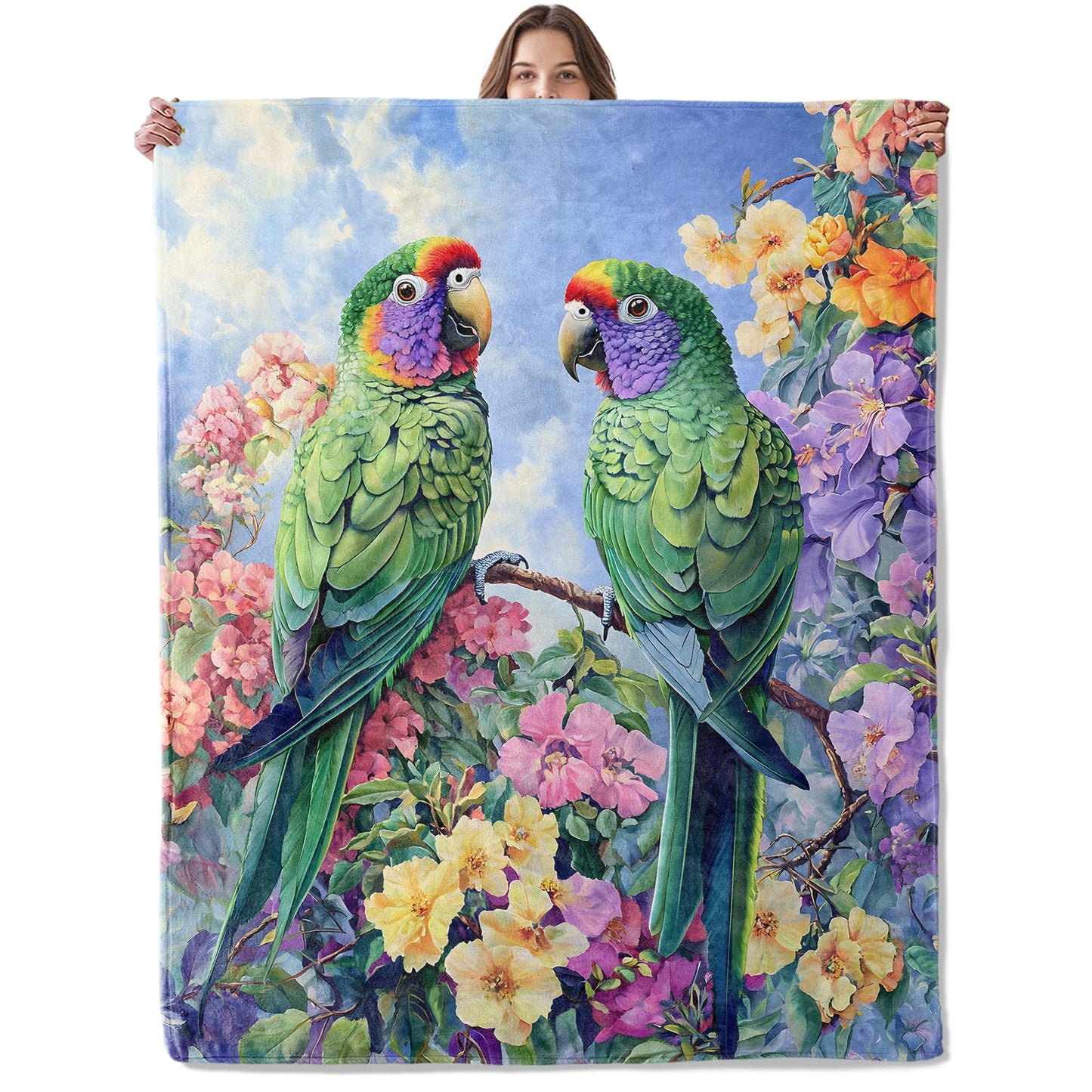 Lugiu Tropical Parrot Blanket, Lightweight Comfy Green Parrots in Lush Flowers Blankets for Couch Sofa Bedroom, Soft Plush Travel Flannel Throw Blanket Gifts for Adults Kids Women, Home Decor 60×50in