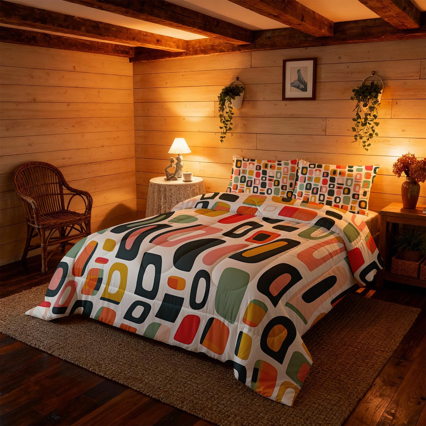 ZDABAOEC Mid Century Retro Queen Comforter Set 3 Piece, 2 Pillow Shams, Geometric Abstract 70s Reversible Down Alternative All Season Bedding, Soft Microfiber, Retro Bedroom Decor