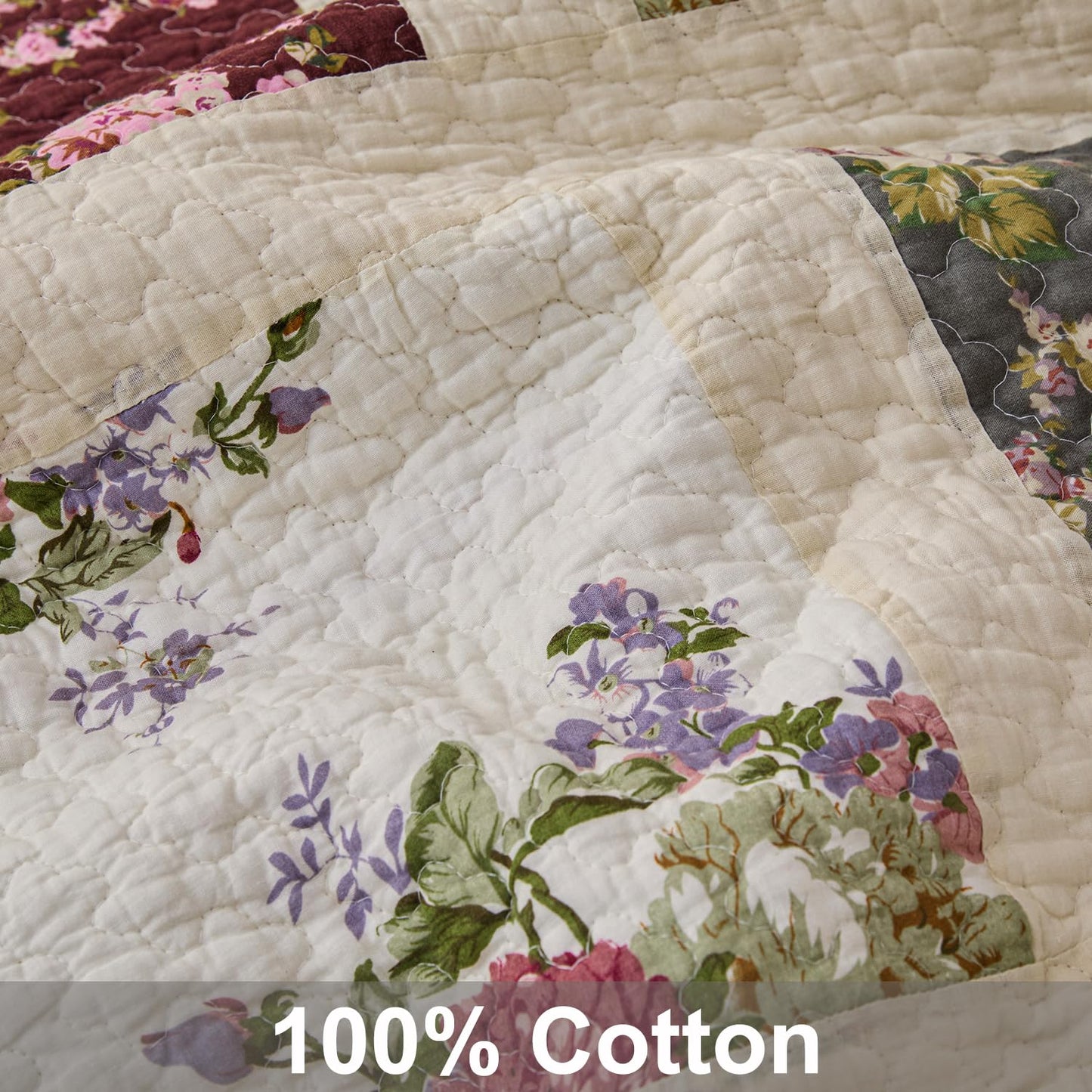 Cmfshape Floral Quilt Sets Bedspread Set 100% Cotton Patchwork Bedding Set,All Season Use Lightweight Reversible Coverlet Quilts with 2 Pillow Shams(Queen 92"x96")