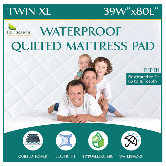 Twin Extra Long (XL) Quilted Mattress Pad - Fitted Waterproof Mattress Protector, Pillow Top Mattress Topper, Premium Quality Hypoallergenic Mattress Cover