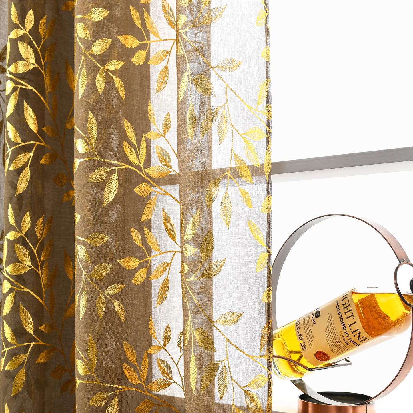 Sutuo Home Sheer Curtains 84 Inch Length 2 Panels Set, Luxury Gold Foil Printed Metallic Bronzing Leaves, Privacy Window Treatment Decor Drape Pair for Bedroom Dining Room, 52" W x 84" L, Taupe