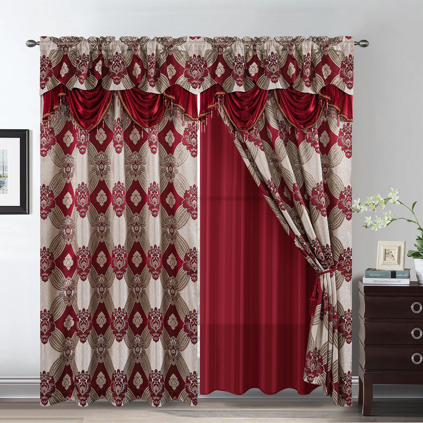 Petrichor Elegant Curtains with Gold Silver Threads 2 Panels Set - Luxury Window Treatment Attached Valance, Sheer Backing, and 2 Tie Backs for Bedroom and Living Room, 54x84 inches, Burgundy