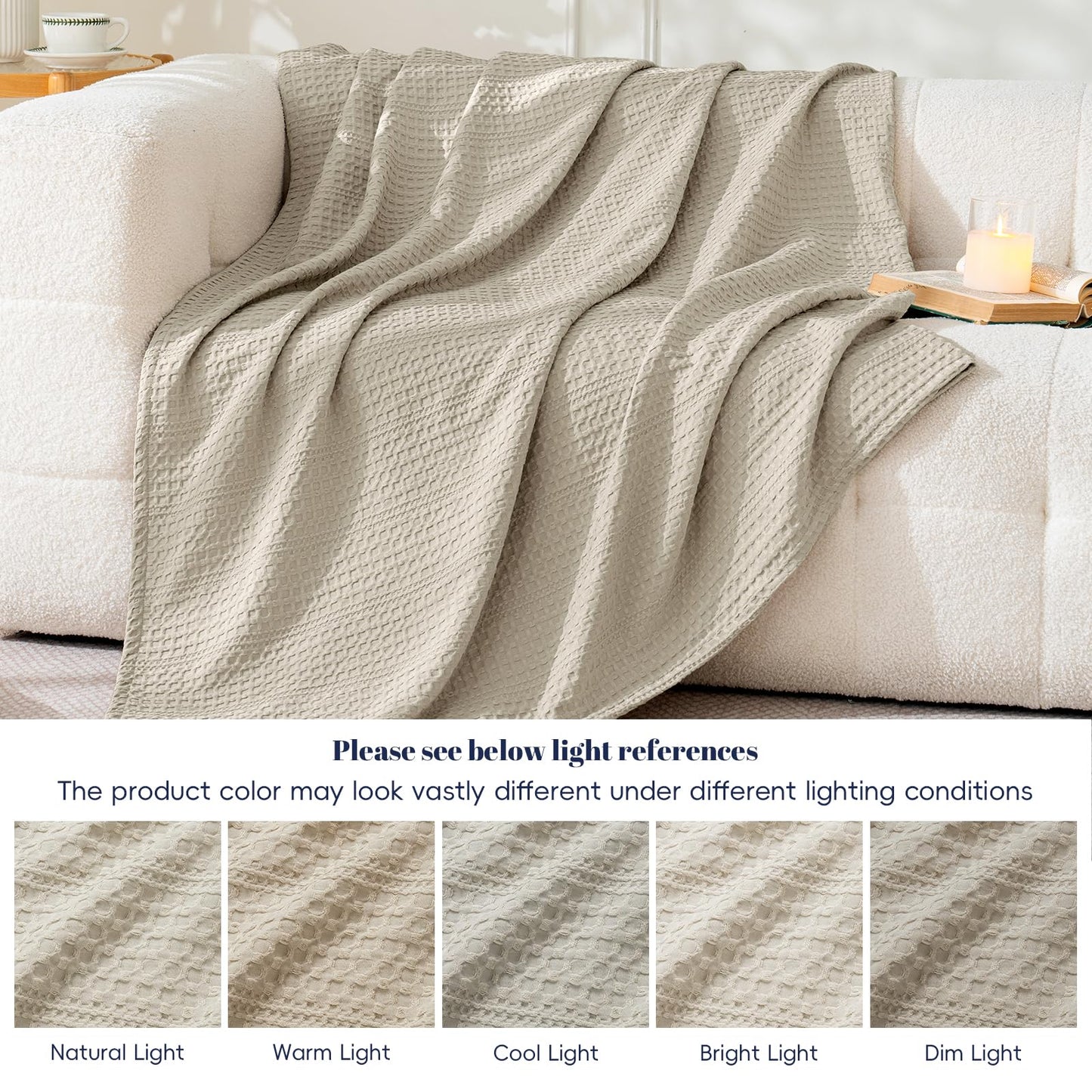 PHF Lightweight Waffle Weave Blanket Queen Size 90"x 90", Soft Woven Summer Blanket for Hot Sleepers - Aesthetic Home Decor for Couch Bed Sofa, Pet Friendly, Natural/Linen