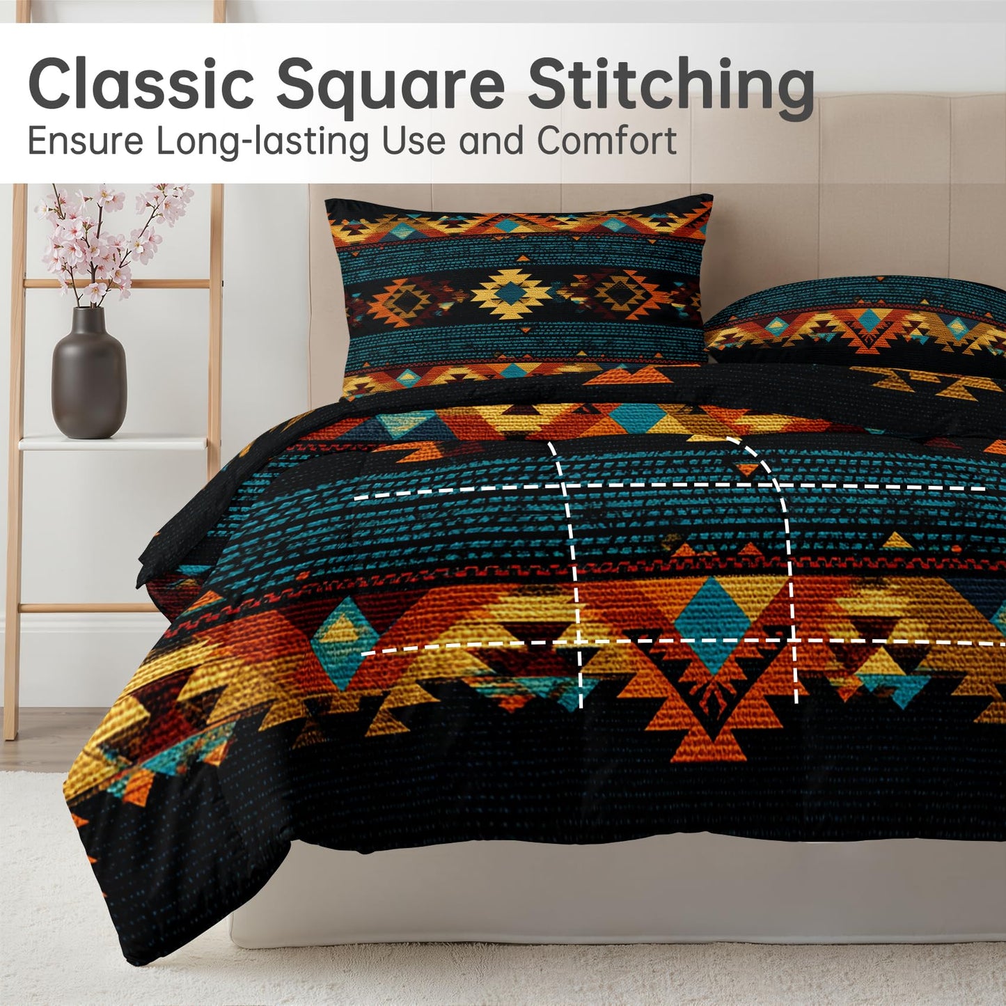 Aztec Comforter Set Queen Size 3 Pcs - All Season Duvet Insert & 2 Pillowcases, Navajo Tribal Bedding Set, Soft Lightweight Down Alternative Comforter, Geometric Bedroom Decor