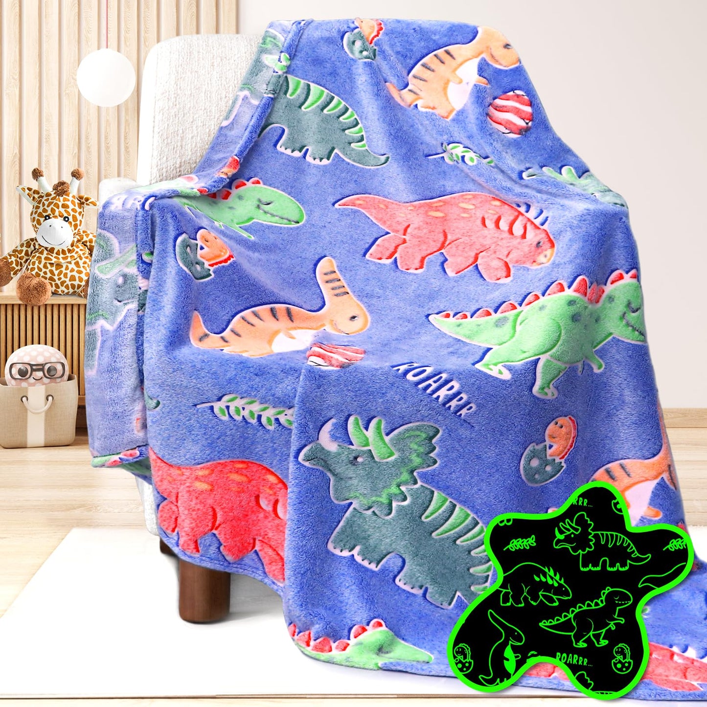 Dinosaur Blanket for Boys, Plush Fleece Throw Blanket, Soft Cozy Dinosaur Gifts, Christmas Birthday Gifts for Kids, Toddlers, Teens, and Adults, Glow in the Dark Blankets