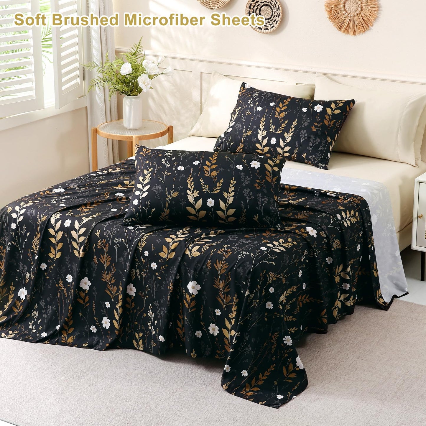 Botanical 6-Piece King Size Sheets Set, Boho Floral Print Brushed Microfiber Sheets, Cooling Bed Sheet Set, Ultra Soft & Breathable, 16' Deep Pocket Fitted Sheet & Pillowcase Set, Beige Brown Leaves