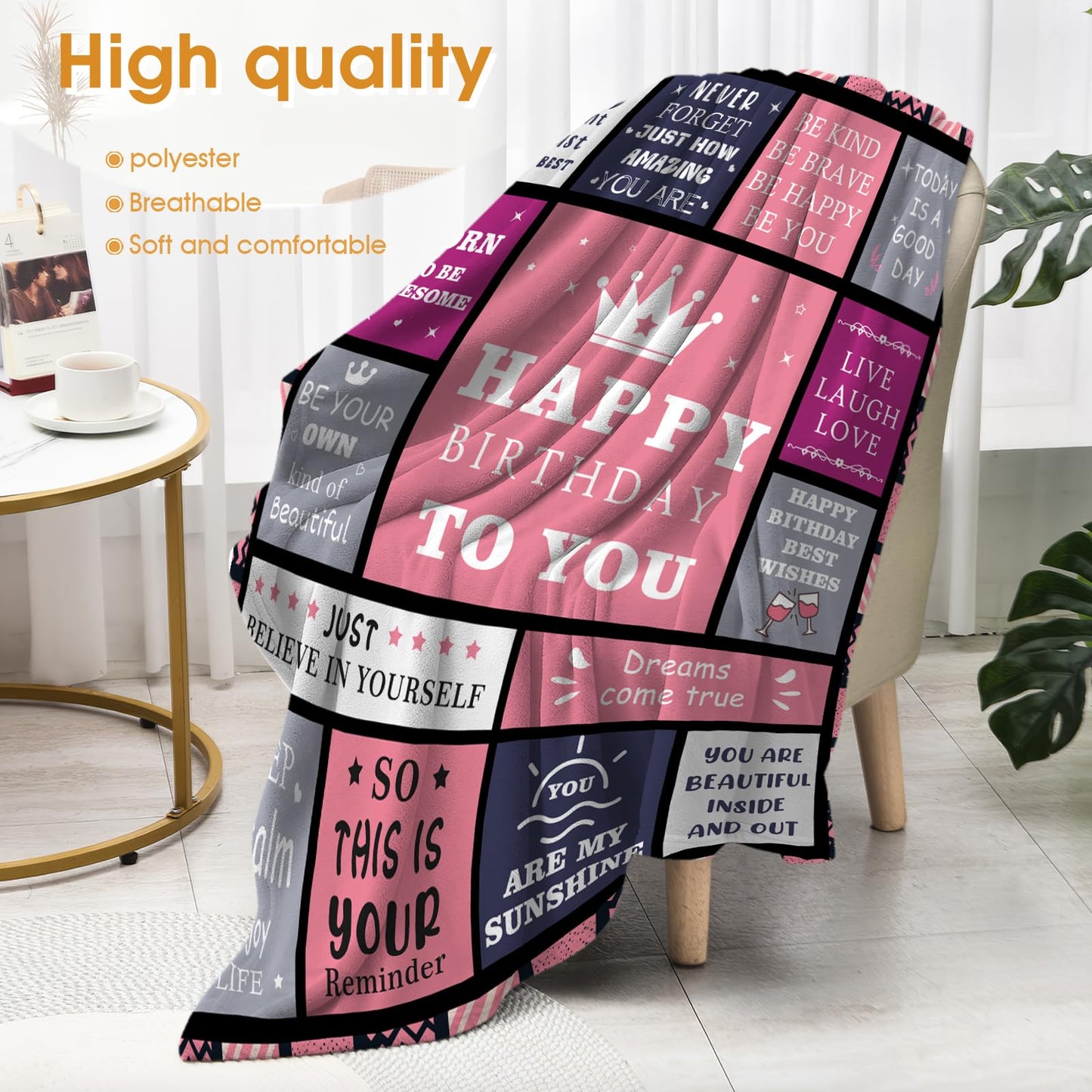 Hohoto Happy Birthday Blanket for Grils Women, Best Wishes Inspirational Birthdays Gifts for Mom Sister Bestie,Bday Present Decorations for Bed Sofa Couch 50"x60"