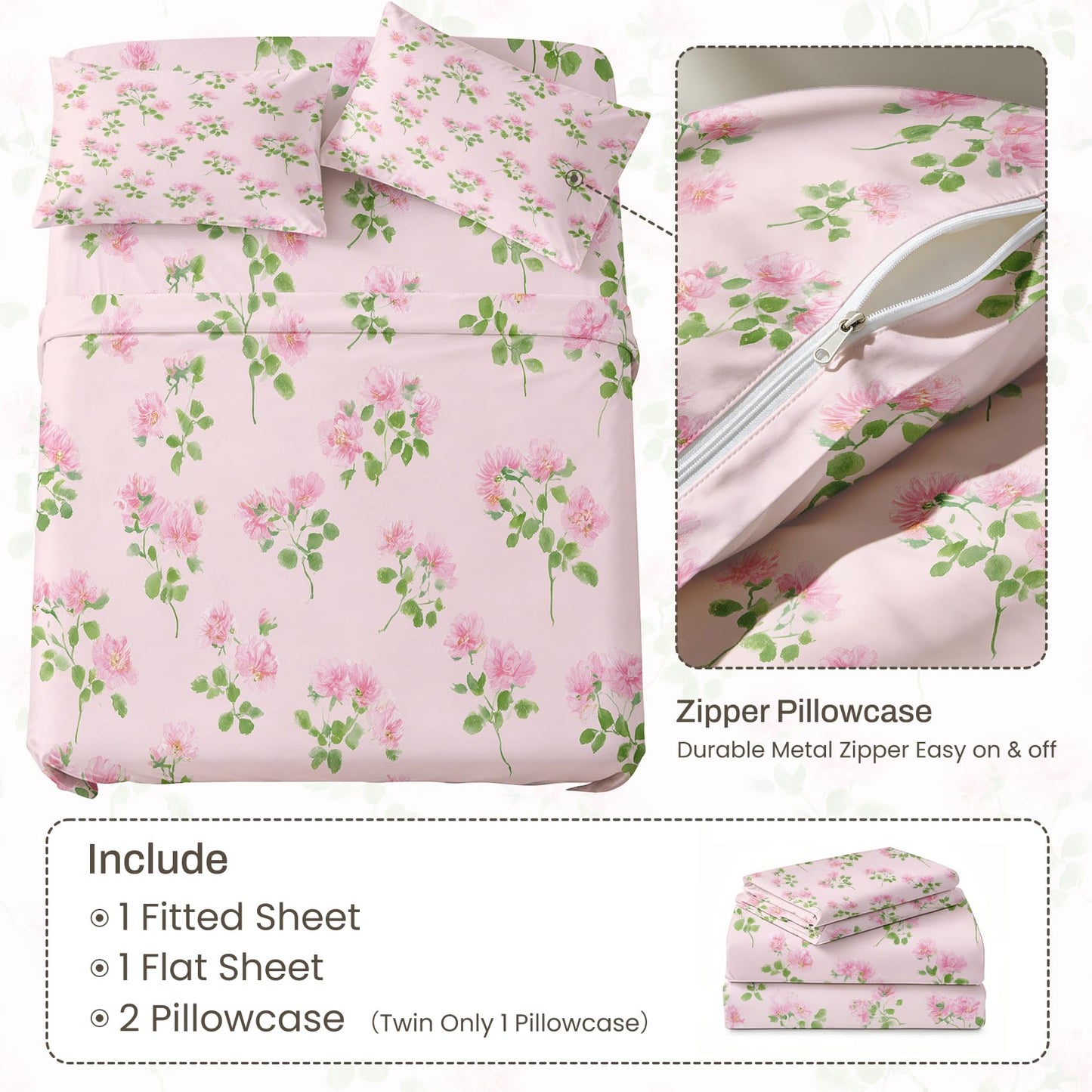 Pink Flower California King Sheet Set Botanical Flat Fitted Sheet Sets