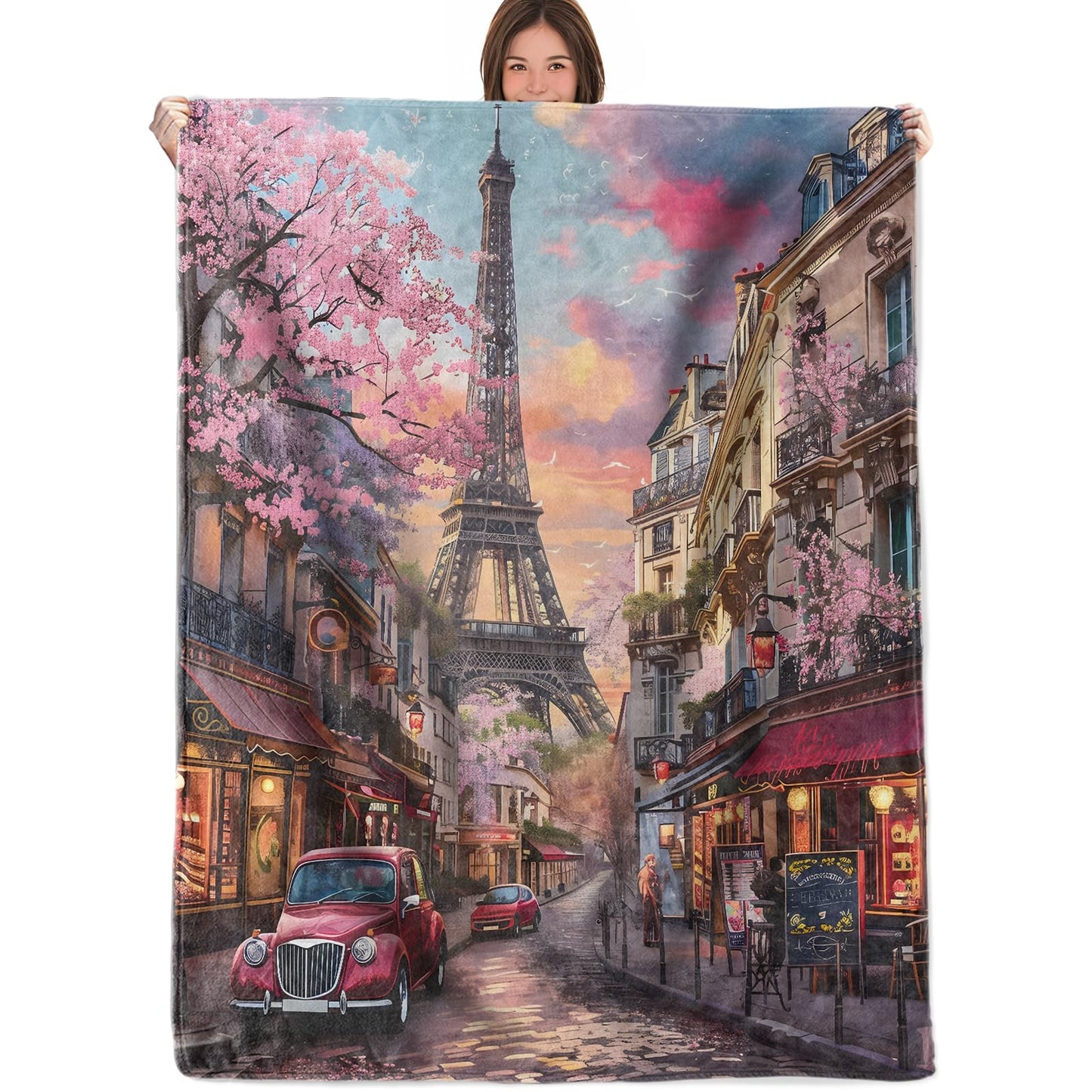 RQTWC Paris Throw Blanket Gifts for Boys Girls Kids Adults, Eiffel Tower Street View Theme Flannel Blankets for Travel Sofa Living Room Decor 50"X60"