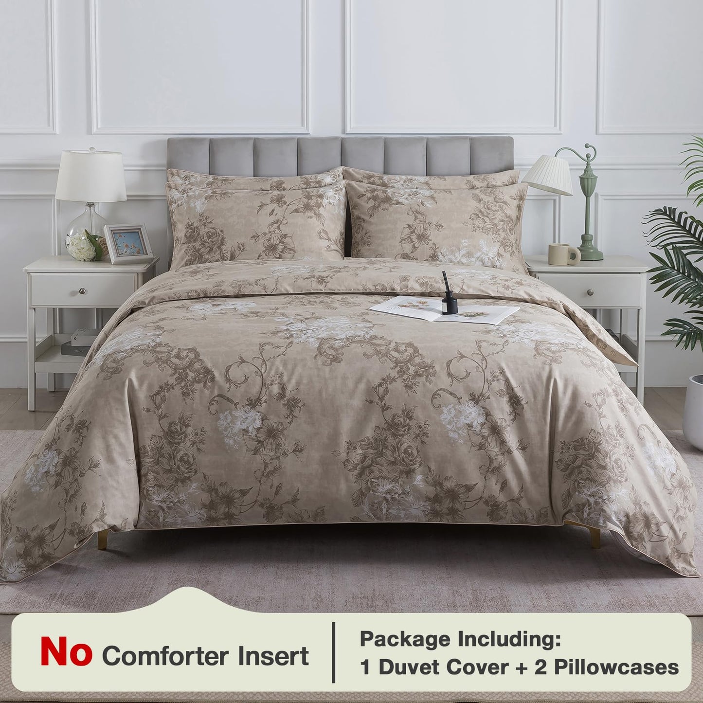 Puralens Dark Beige Moody Floral Duvet Cover, King 100% Cotton Percale Neutral Flower Comforter Cover Set, Shabby Chic Cottage Reversible Toile Bed Cover Set with Ties, Farmhouse Zipper Bedding, 3Pcs