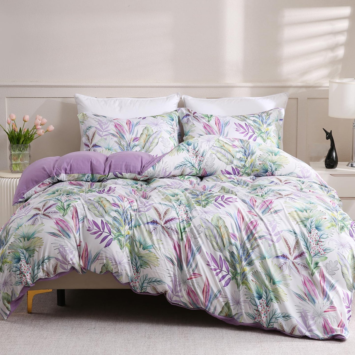 LONAVA Queen Botaincal 3 Pcs Duvet Cover Set, Breathable Soft Microfiber Lavender Lining Comforter Cover with Zipper Closure, and 2 Anti-Pilling, Fade Resistant Pillowcases, Tropical