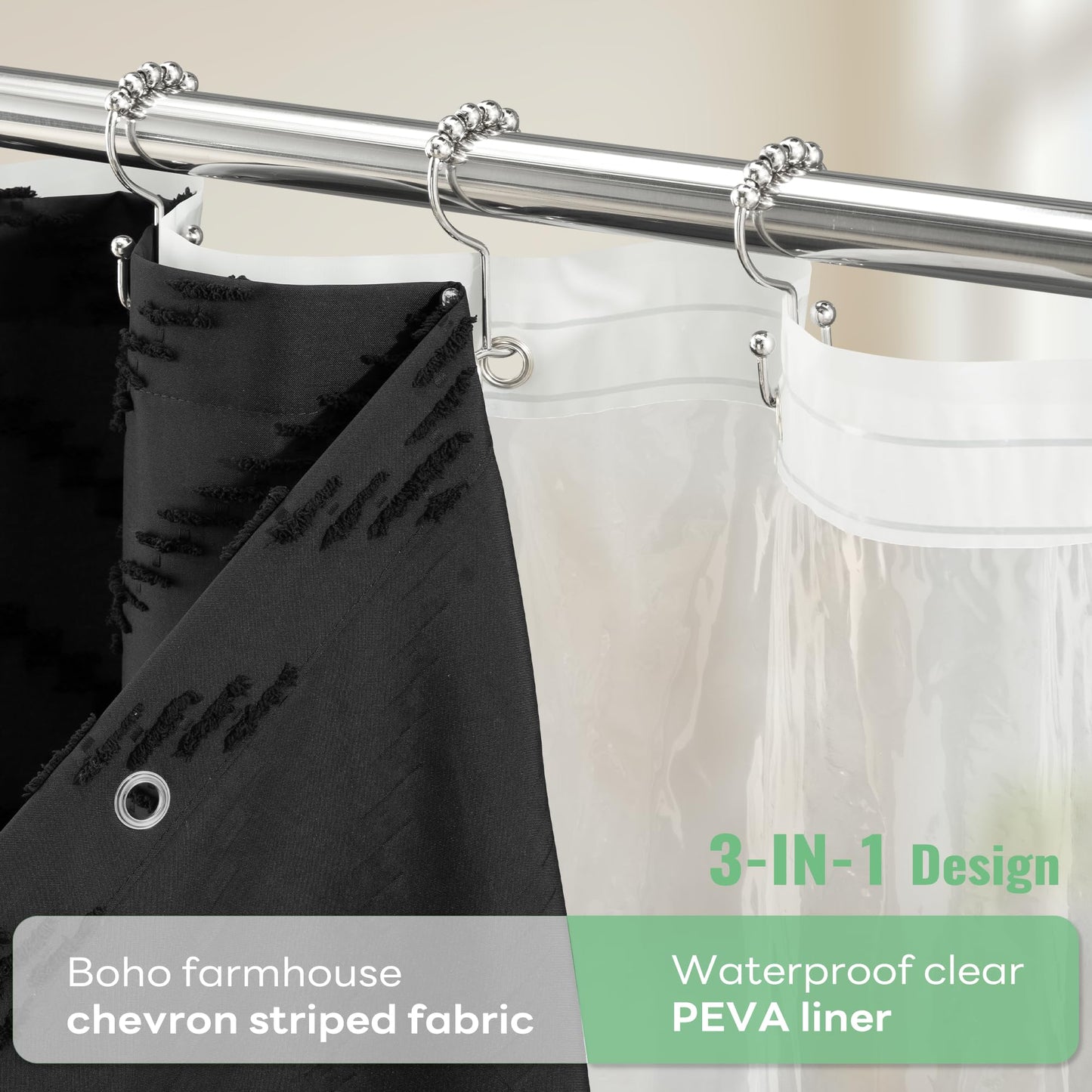 Dynamene Black Boho Shower Curtain and Liner Set, Farmhouse Fabric Shower Curtain and Waterproof Clear Liner, Tufted Chevron Striped Textured Tassel Shower Curtains for Bathroom with 12 Hooks, 72x72
