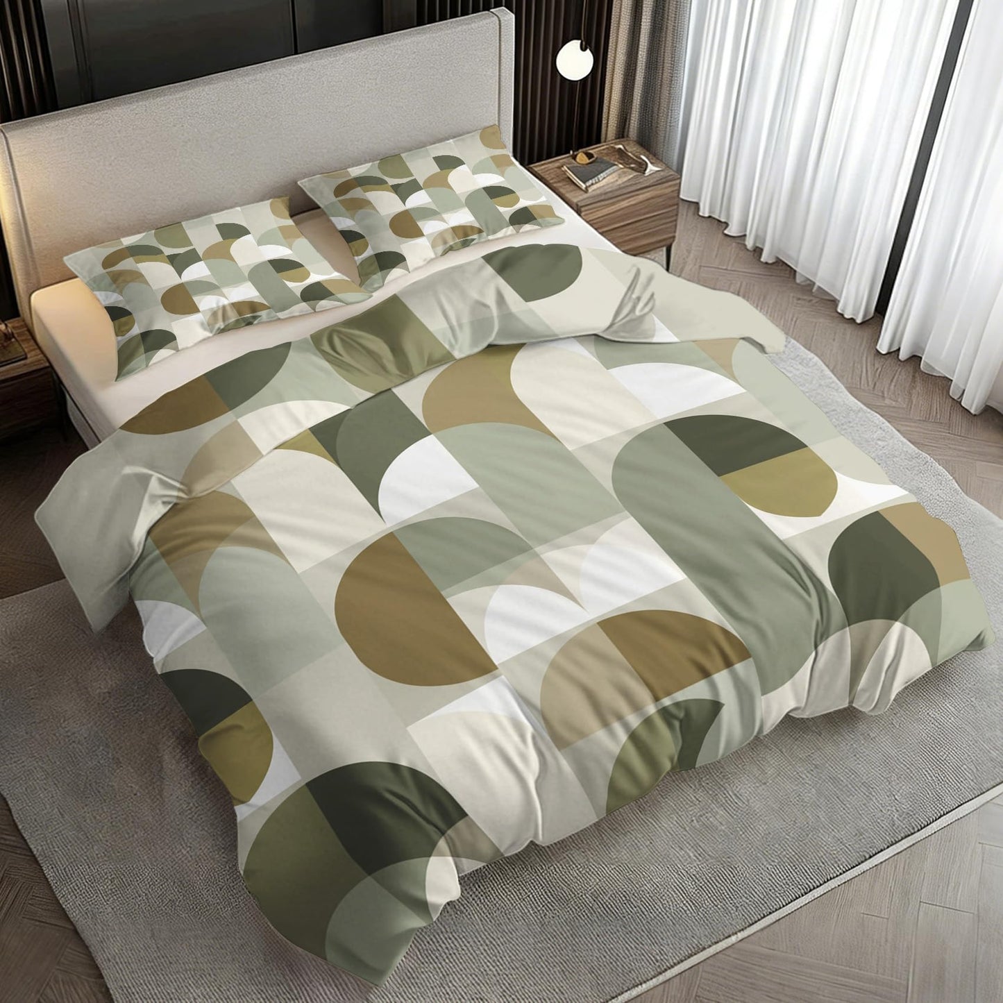 Mid Century Geometric Duvet Cover Twin Size, MCM Geo Bedding Set 2 pcs with 1 Pillow Cover, Boho Geometry Bedroom Decor, Soft Microfiber Reversible, Zipper & Ties KJJT 106
