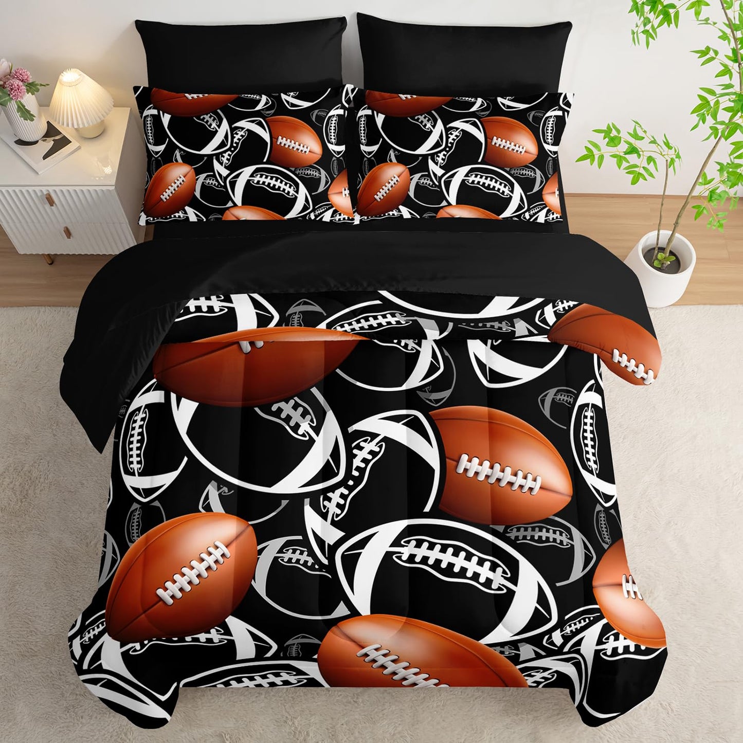 XYNHML Cartoon Rugby Comforter Set 7Pcs Sports Brown Rugby American Football Bedding Set for Kid Teen Girl Boy Black White Rugby Quilt Bed Decor Twin with 2 Sheets,2 Pillowcases,2 Throw Pillow Covers