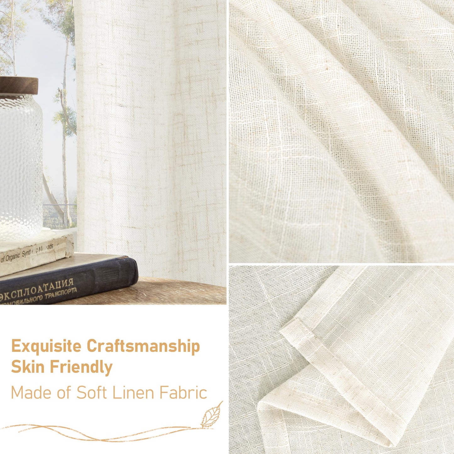 LAMIT Linen Semi Sheer Curtains 63 Inch Length 2 Panels, Light Filtering Neutral Window Bedroom Curtains Farmhouse Boho Bronze Grommet Drapes for Living Room/Dining Room, Cream, 34 x 63 Inch