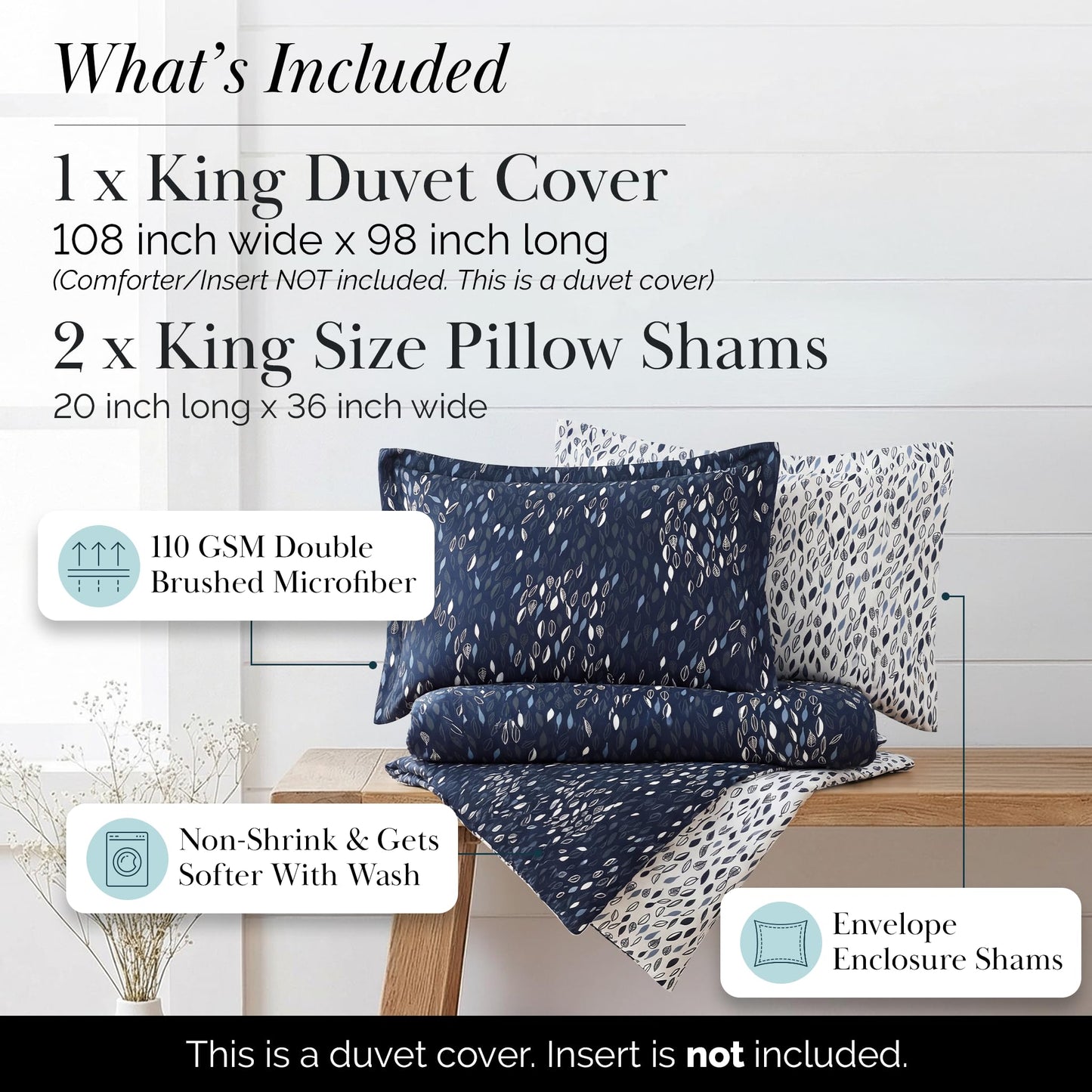 Southshore Fine Living, Inc. Reversible California King Duvet Cover Set, Hotel Quality Microfiber Bedding Set - 1 King/Cal King Duvet Cover, 2 Shams, Insert Not Included - Botanical Leaves Blue
