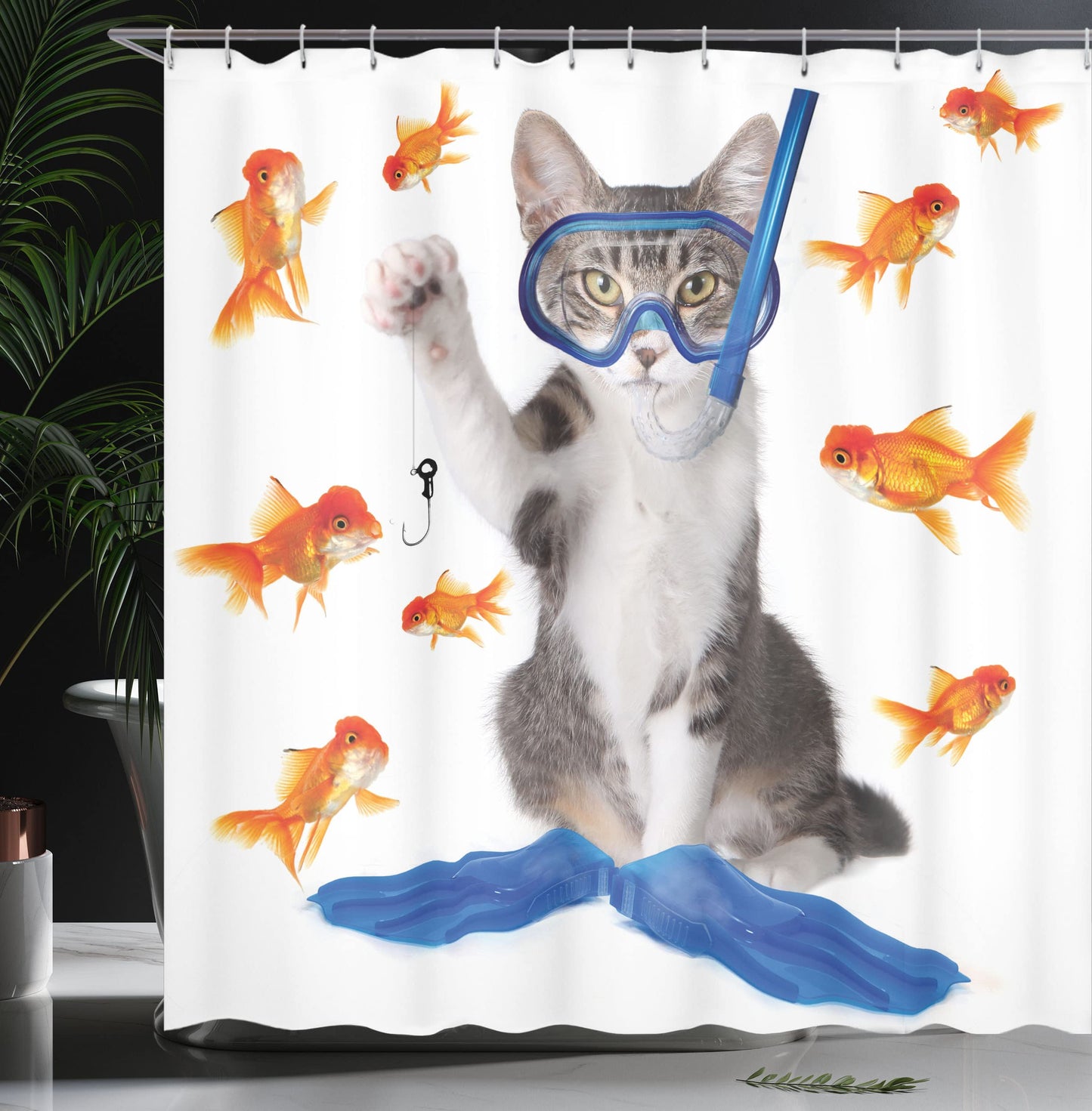 Ambesonne Cat Shower Curtain, Modern Spin on The Term Fishing Curiosity Goldfish Hunting Humorous Art, Cloth Fabric Bathroom Decor Set with Hooks, 69" W x 70" L, Blue Orange