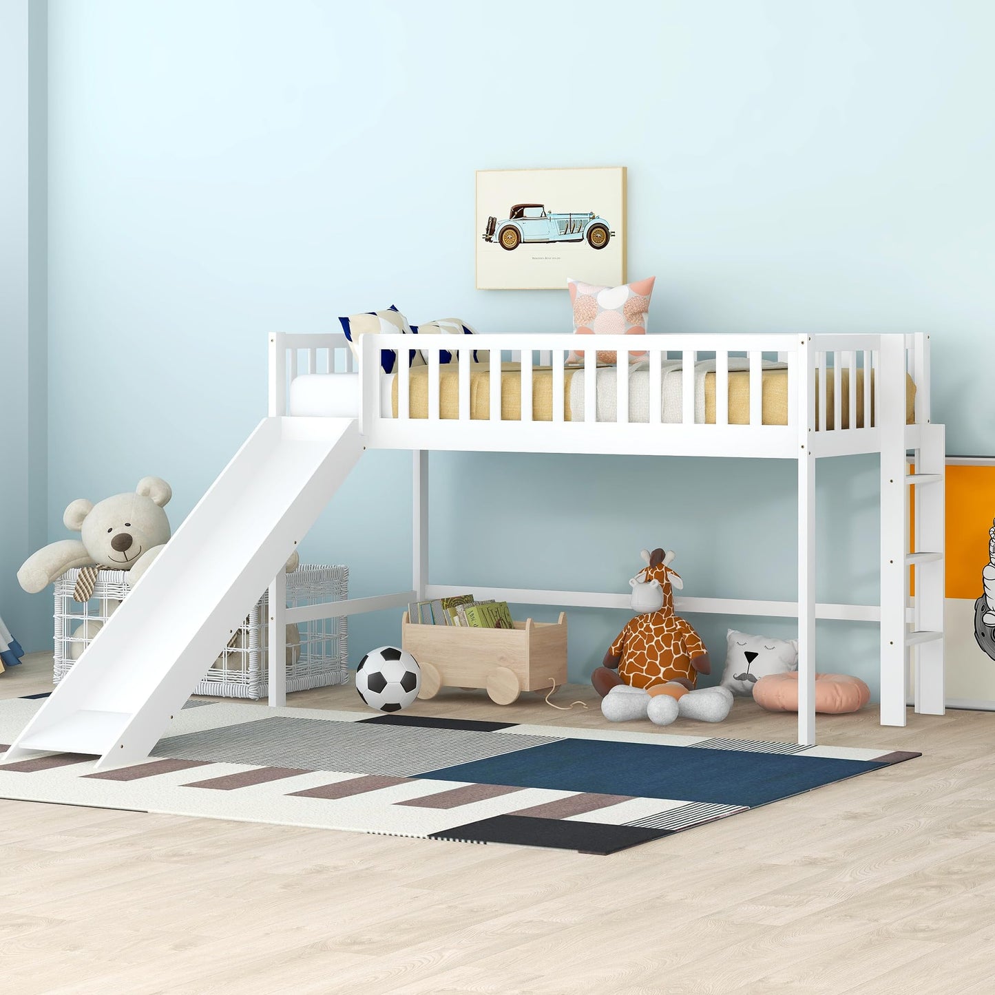 Bellemave Twin Size Low Loft Bed with Slide,Kids Loft Bed with Ladder,Wood Kids Loft Bed Twin Size for Girls Boys,White