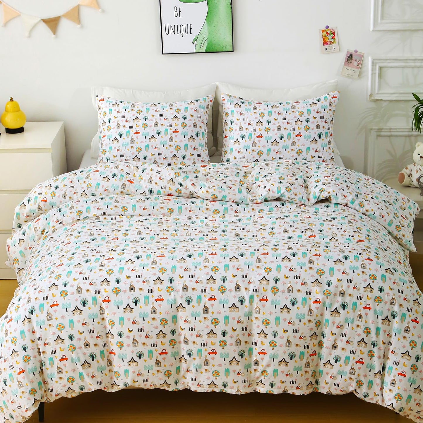 Ivellow Queen Duvet Cover Set Cottage White 100% Cotton Duvet Cover for Kids Cute Bedding Set 3Pcs Ultra Soft Breathable Kids Duvet Cover Patterned Cartoon Comforter Cover Boys Girls Toddler Teen